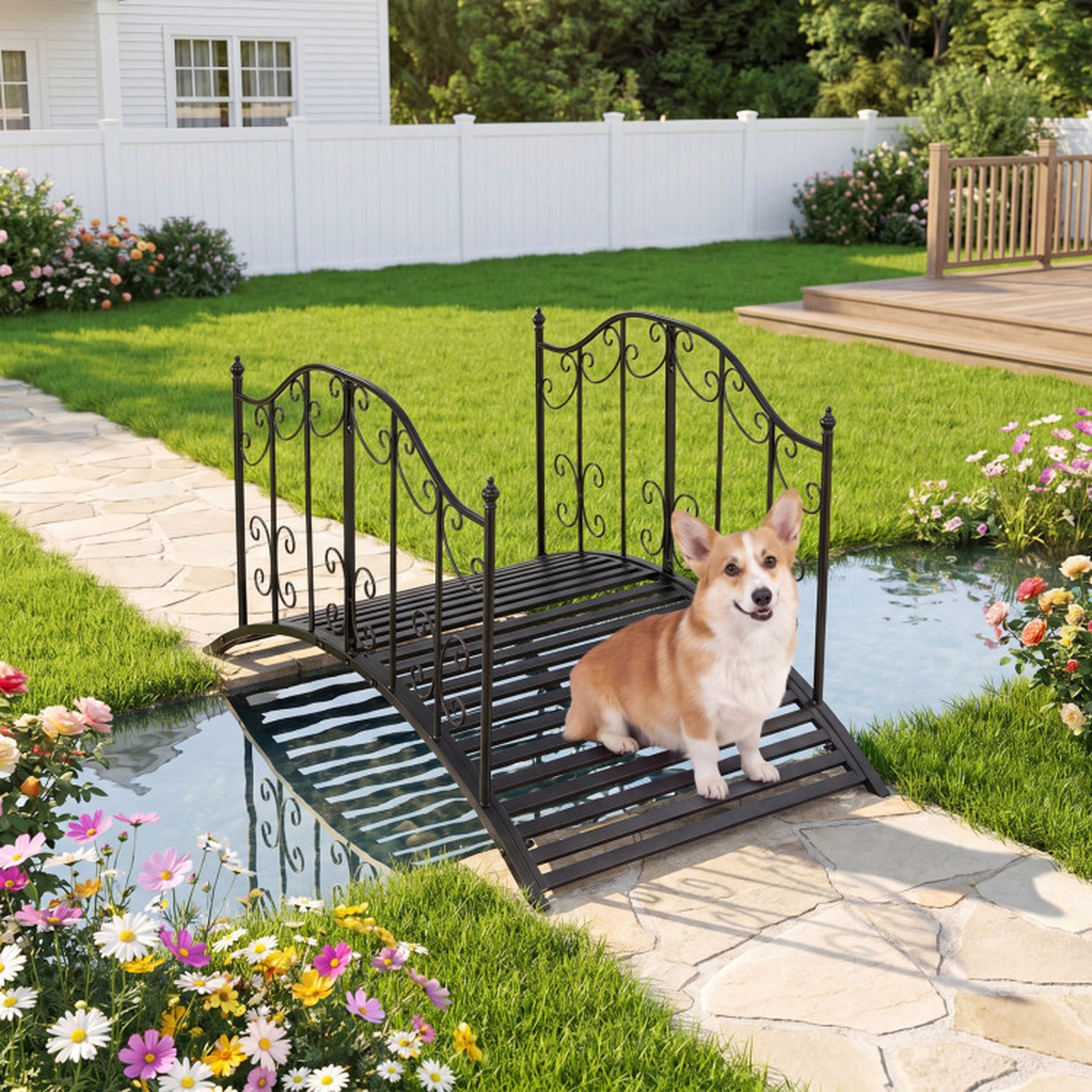 SUGIFT 3.9-ft 330-lb Capacity Black Arched Metal Garden Bridge with Dual Patterned Scrollwork Side Rails