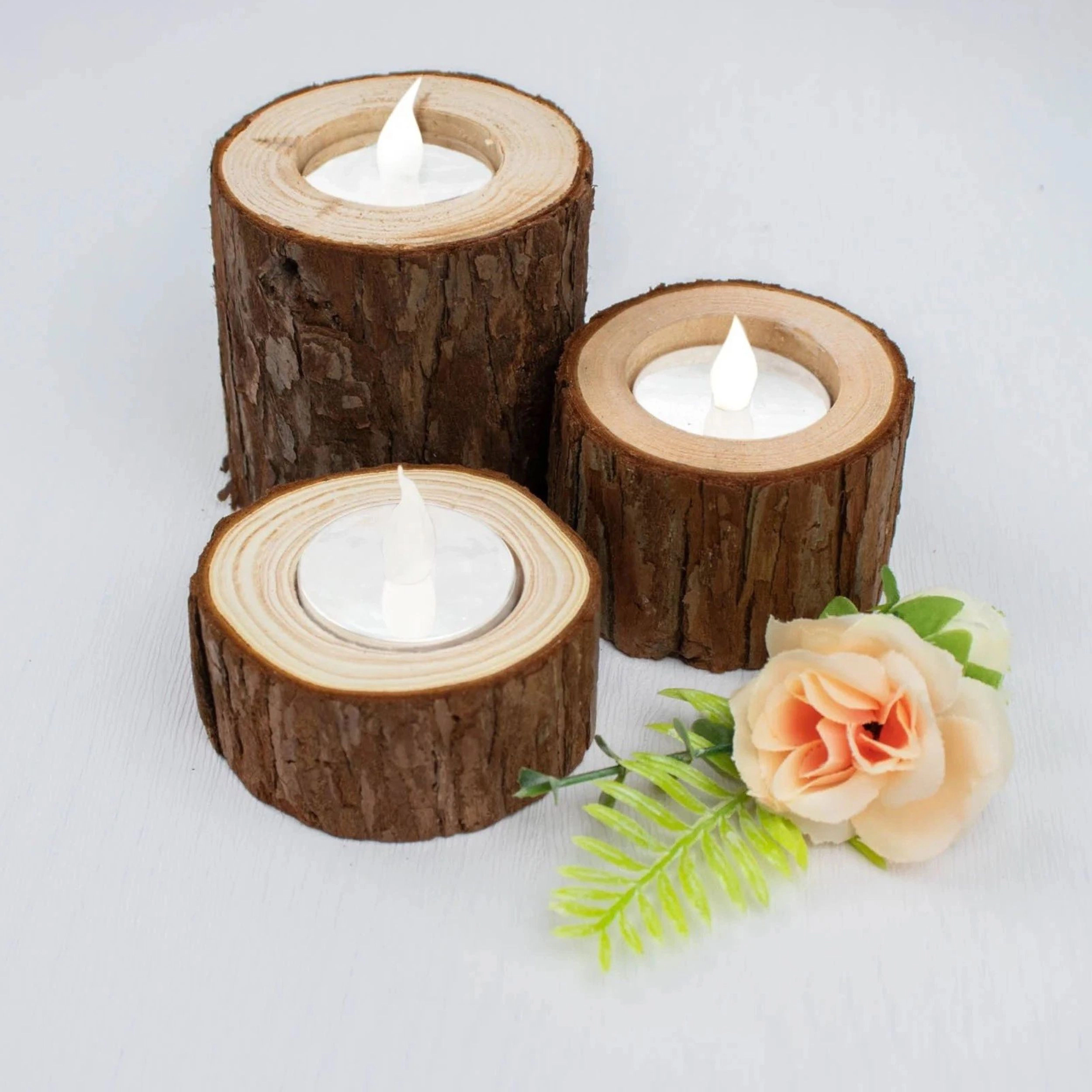 Home Collection Round Wood Slice Tealight Candle Holders Set of 3