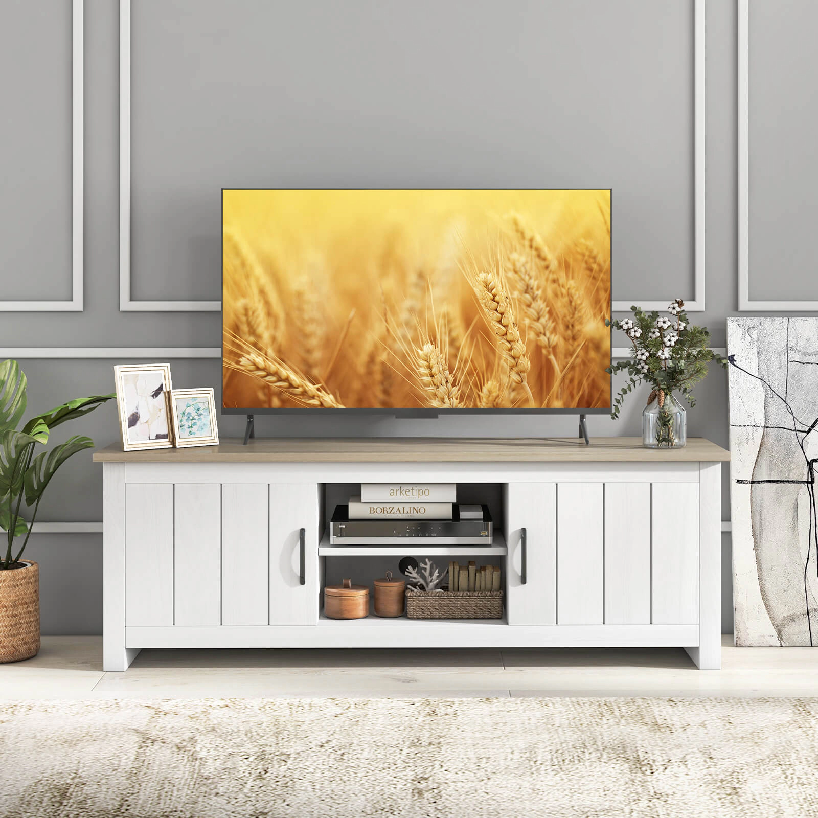 SUGIFT 57-In TV Stand, Natural Woodgrain Top, White Cabinet, Fits TVs Up to 65 Inches