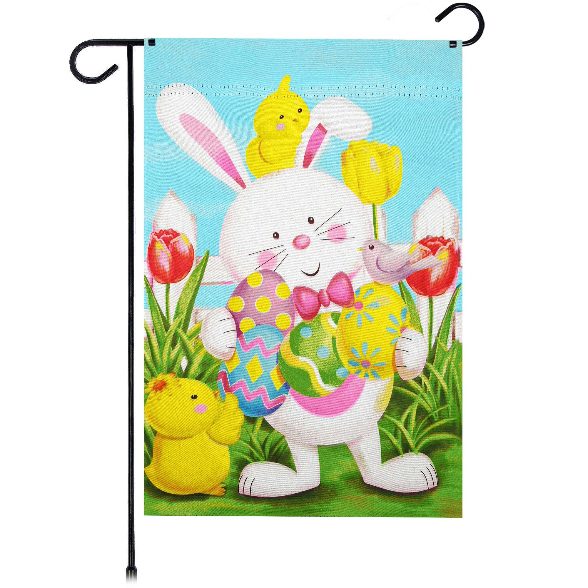 G128 Happy Easter Garden Flag 12x18 in Double-Sided White Bunny with Eggs