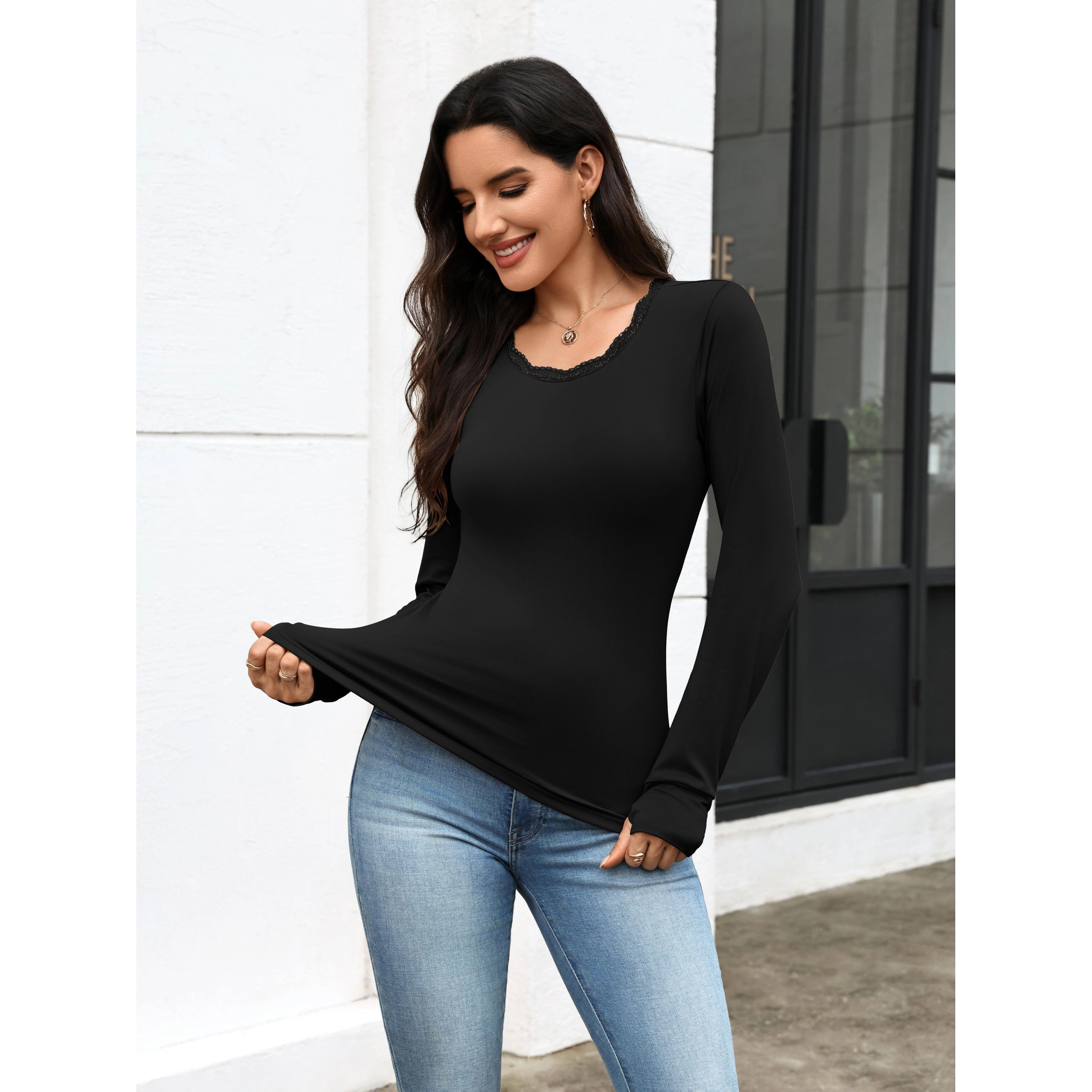 Ekouaer Women's Lace Trim Long Sleeve Thermal Base Layer Top