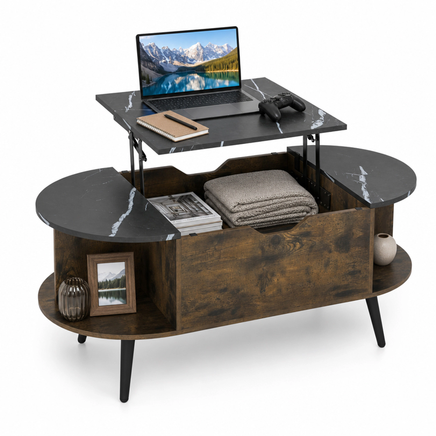 LJG Faux Marble Lift Top Coffee Table with Hidden Compartment and Shelves