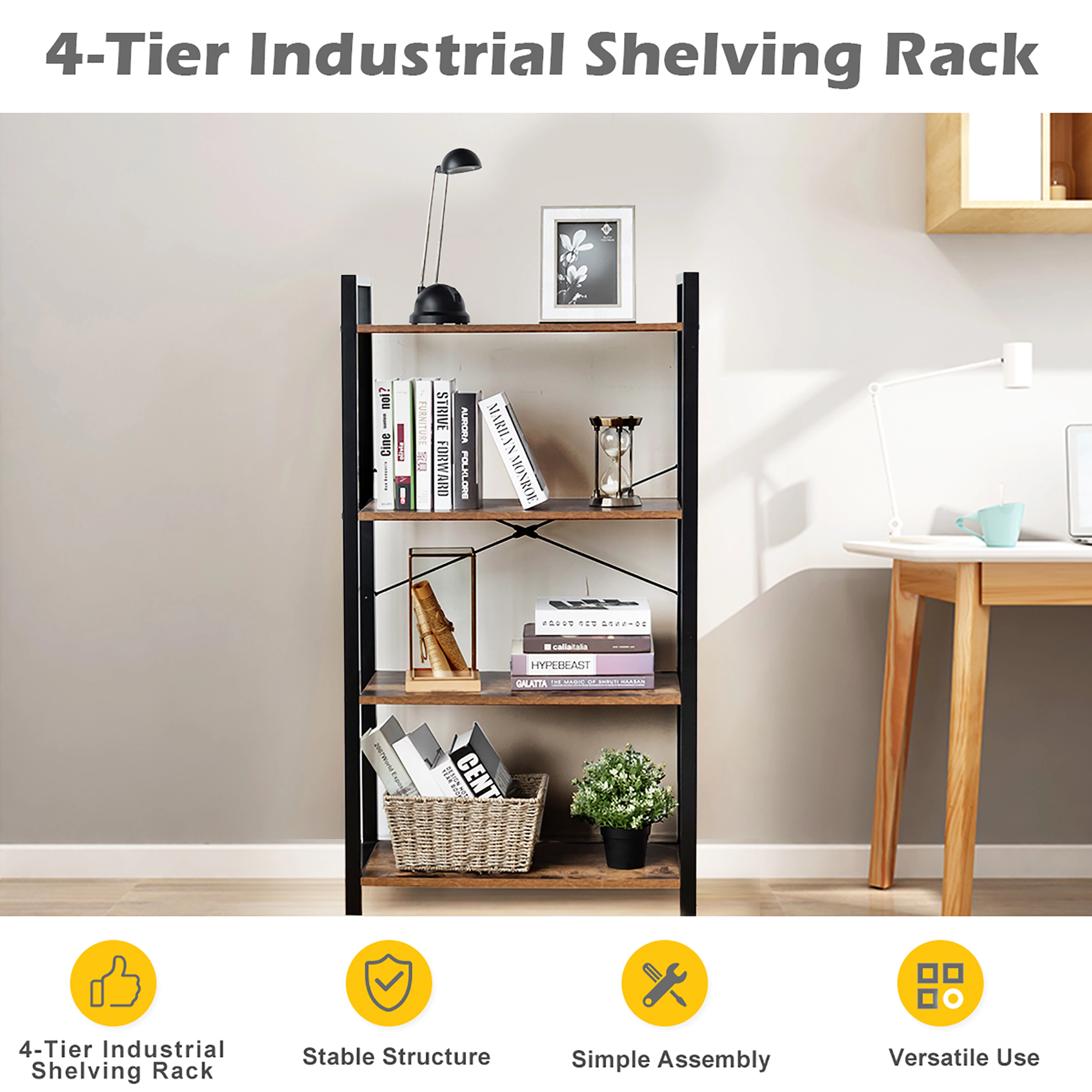 Costway 4-Tier Bookshelf Industrial Bookcase Diaplay Shelf Storage Rack Rustic Brown