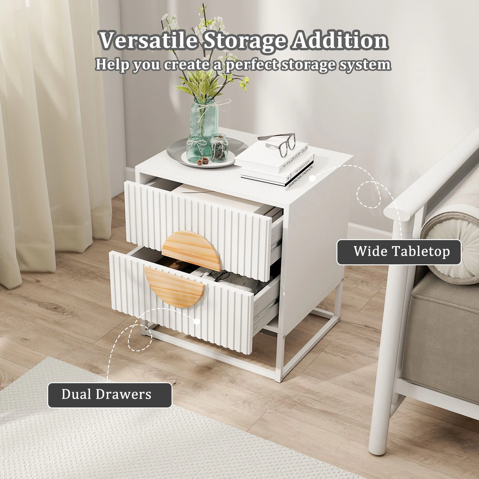 SlickBlue Fluted 2-Drawer End Table with Metal Frame