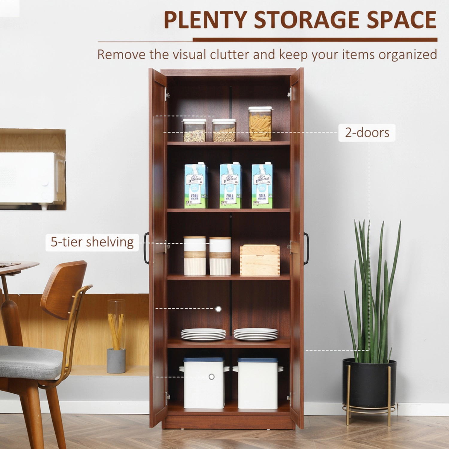 HONGGE 63" 2-Door Kitchen Pantry Freestanding Storage Cabinet with 5-tier Shelving and 2 Adjustable Shelves for Dining
