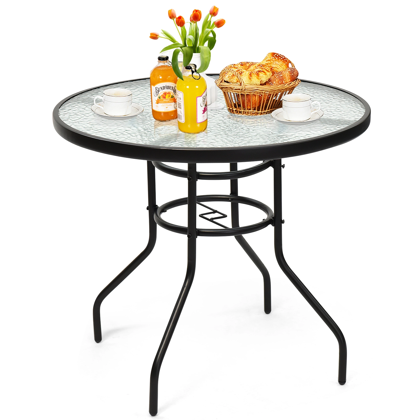 SUGIFT 32-Inch Round Outdoor Patio Dining Table, Tempered Glass Top, Umbrella Hole, Black Steel Frame