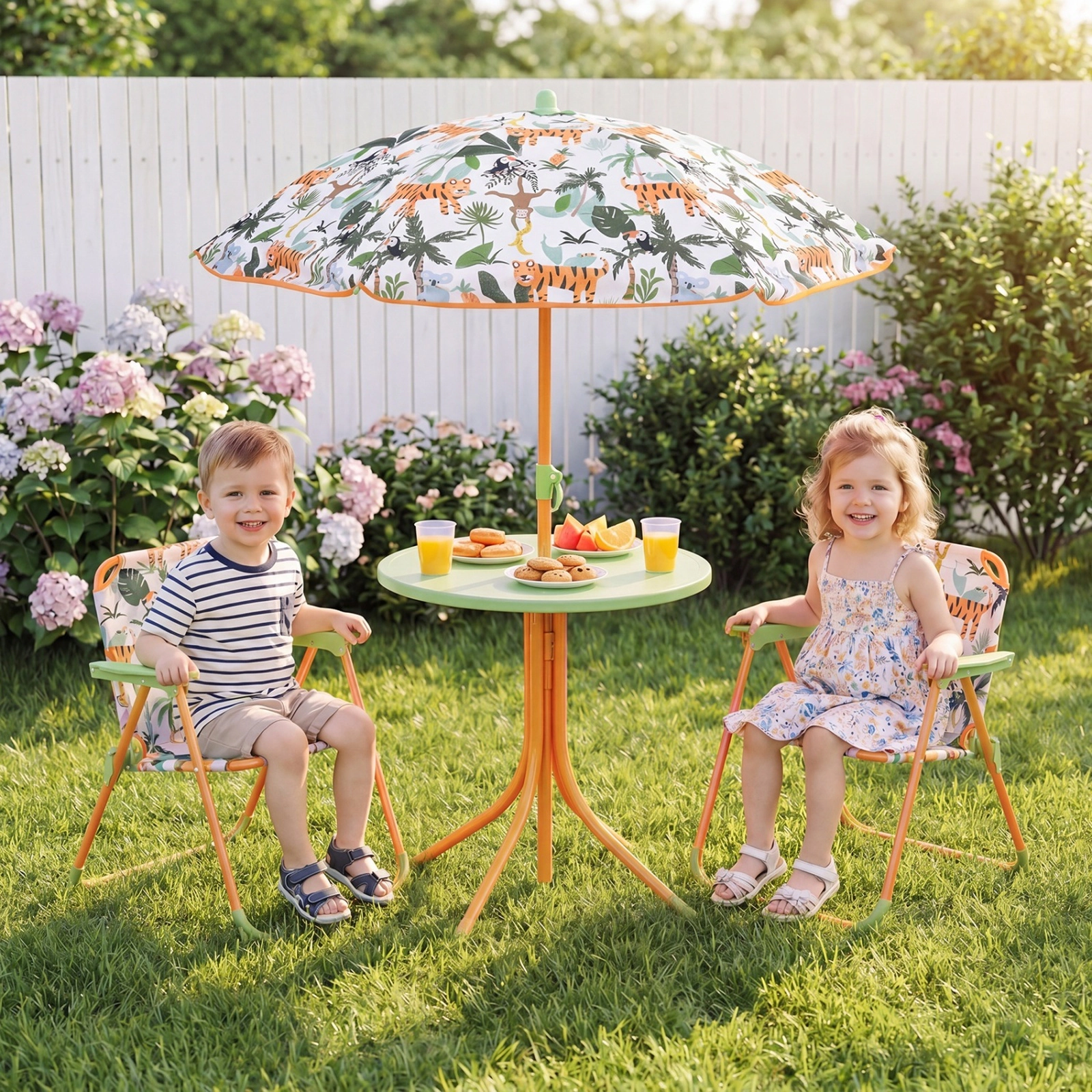 SUGIFT Kids Table & Folding Chairs Set Height-Adjustable Umbrella 165-lb Chair Capacity 66-lb Table Capacity Ages 3-6