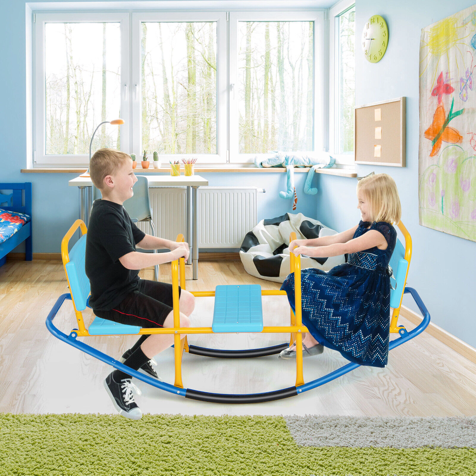 SUGIFT Swivel Seesaw Teeter for Kids 200-lb Capacity Ages 3-8 Years with Backrest and Footrest Blue/Red