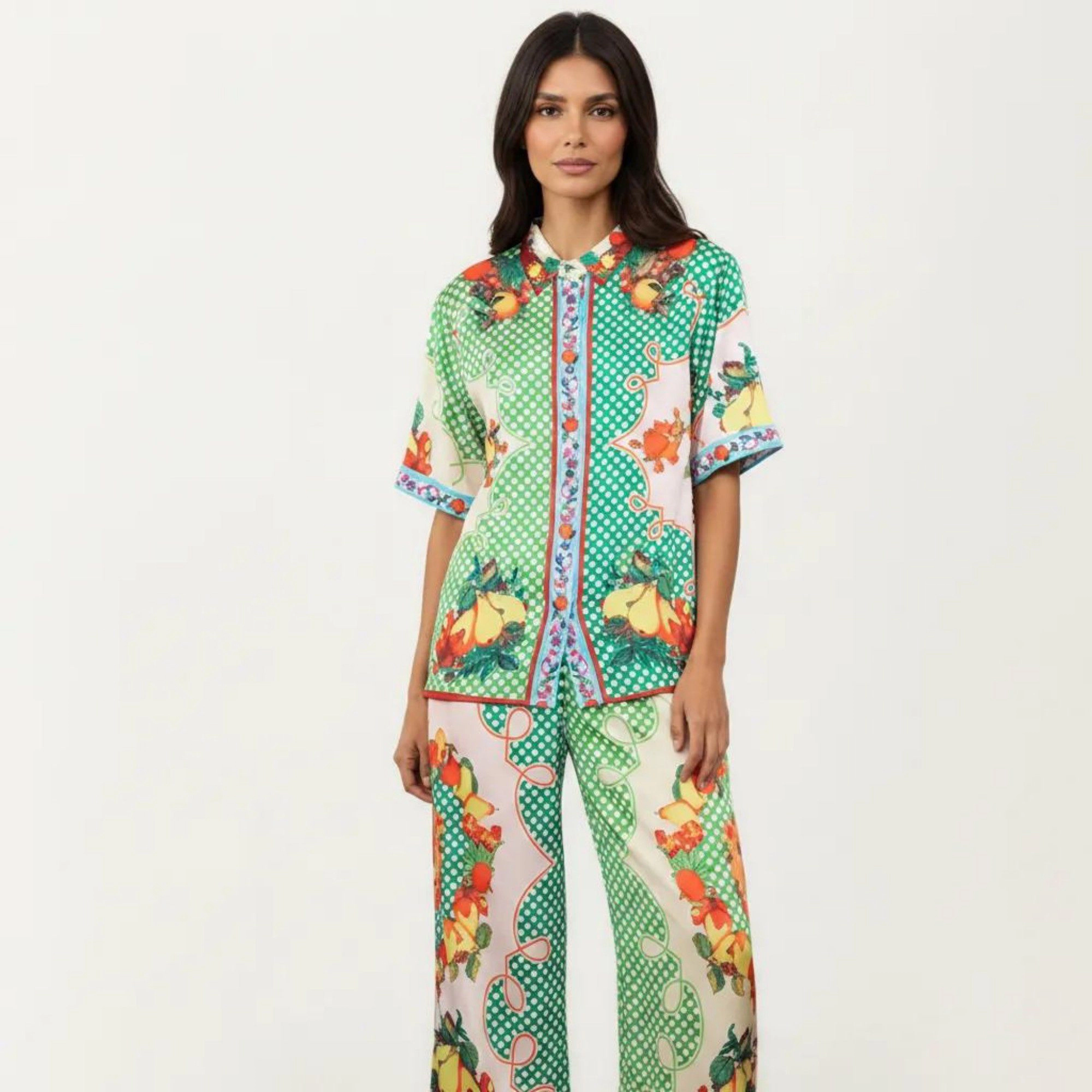 Anna-Kaci Women's 2-Piece Button Down Pajama Shirt and Wide Leg Pants Printed Short Sleeve Lounge Sleepwear Set
