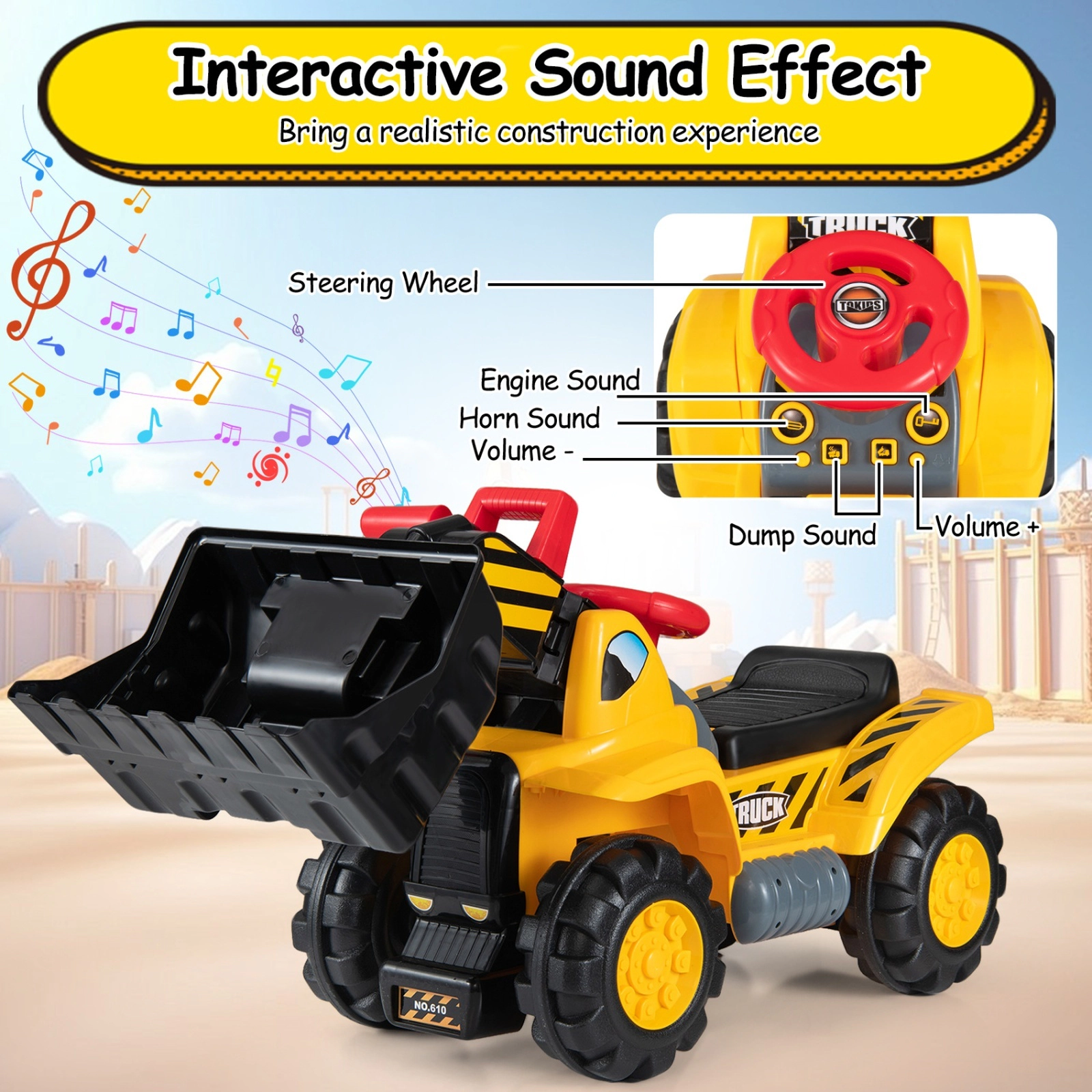 3-in-1 Kids Ride On Excavator Bulldozer Push Car Dual Levers Engine Sound Safety Hat 35-in Digger Ages 2+ 55-lb Load