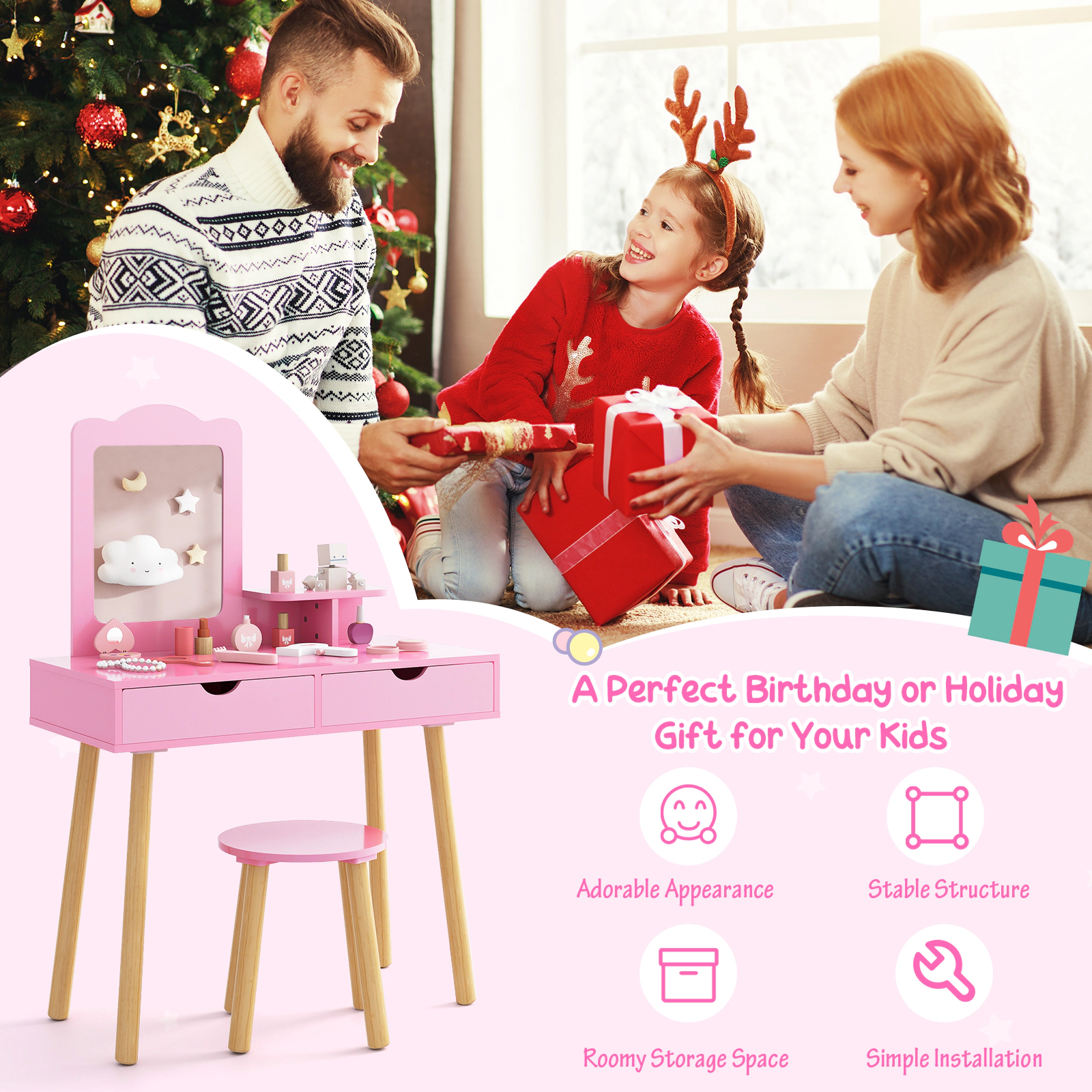 SUGIFT Removable Mirror and 2 Large Storage Drawers Kids Vanity Table Stool Set