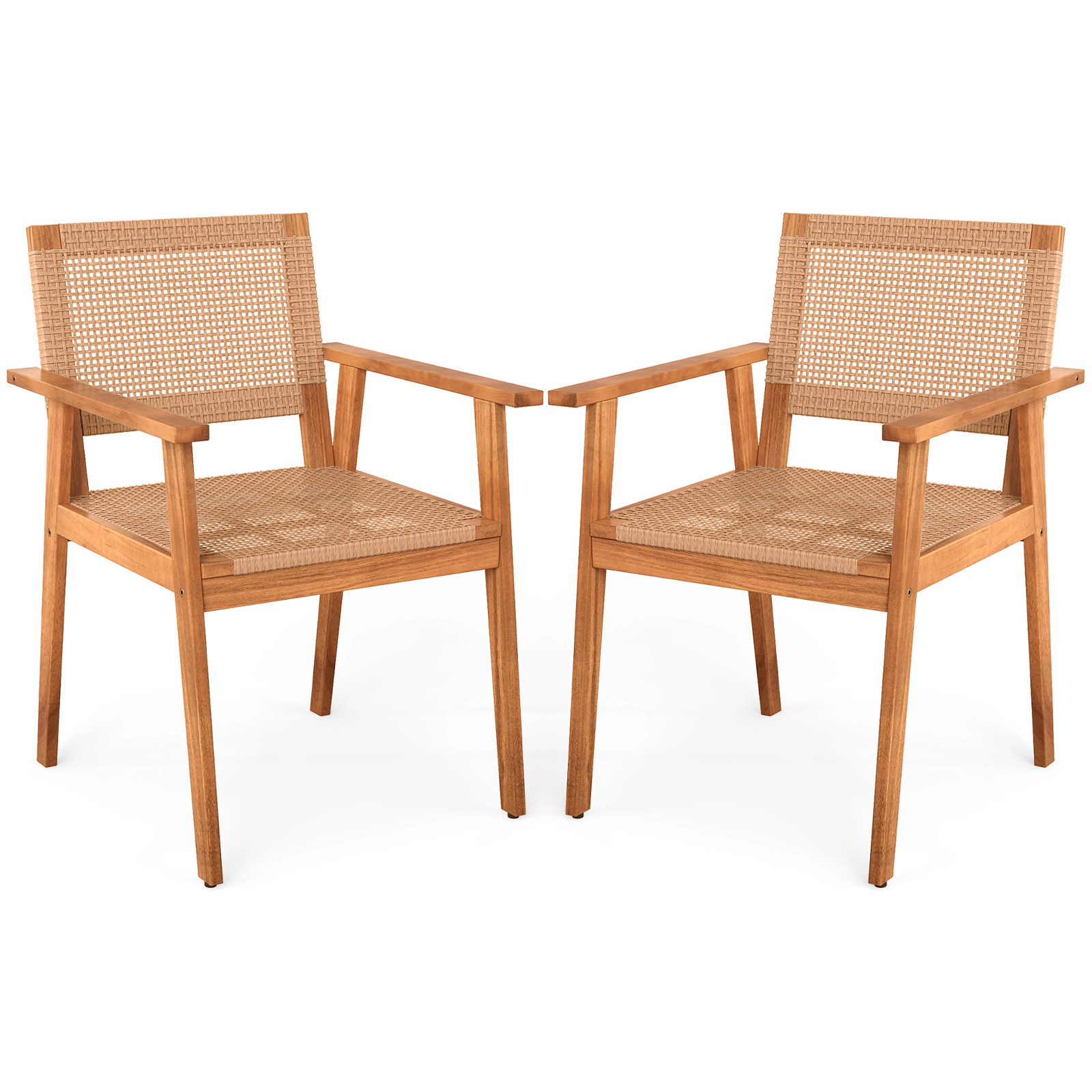 LJG Acacia Wood Outdoor Dining Chairs Set of 2 PE Rattan Patio Chairs with Backrests and Armrests