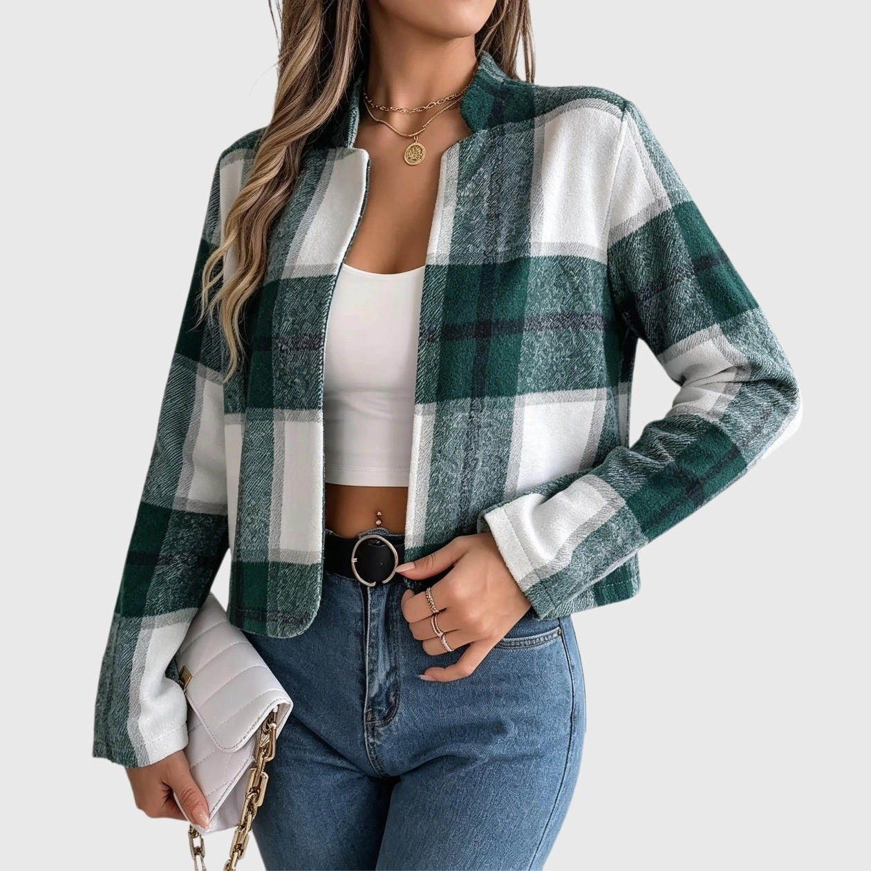 YesFashion Women's Flannel Cropped Shacket Casual Plaid Open Front Fashion Jacket Blazers Coat Tops
