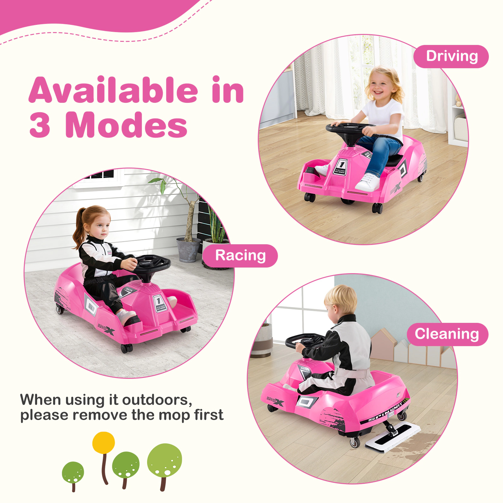 SUGIFT Pink Detachable Mop and Remote Control 12V Kids Electric Cleaning Go Kart