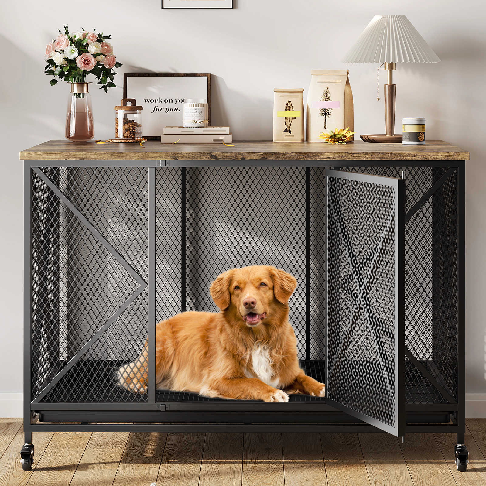 48" Large Dog Crate Furniture with Flip-up Top & Lockable Wheels, Decorative Pet Cage End Table for Medium Dogs
