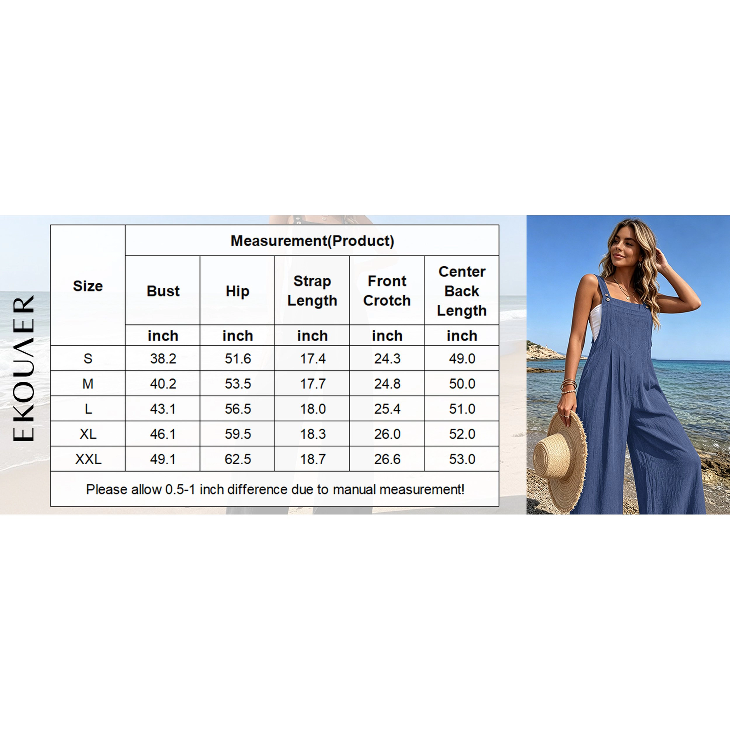 Ekouaer Women's Sleeveless Square Neck Wide Leg Overalls Jumpsuit