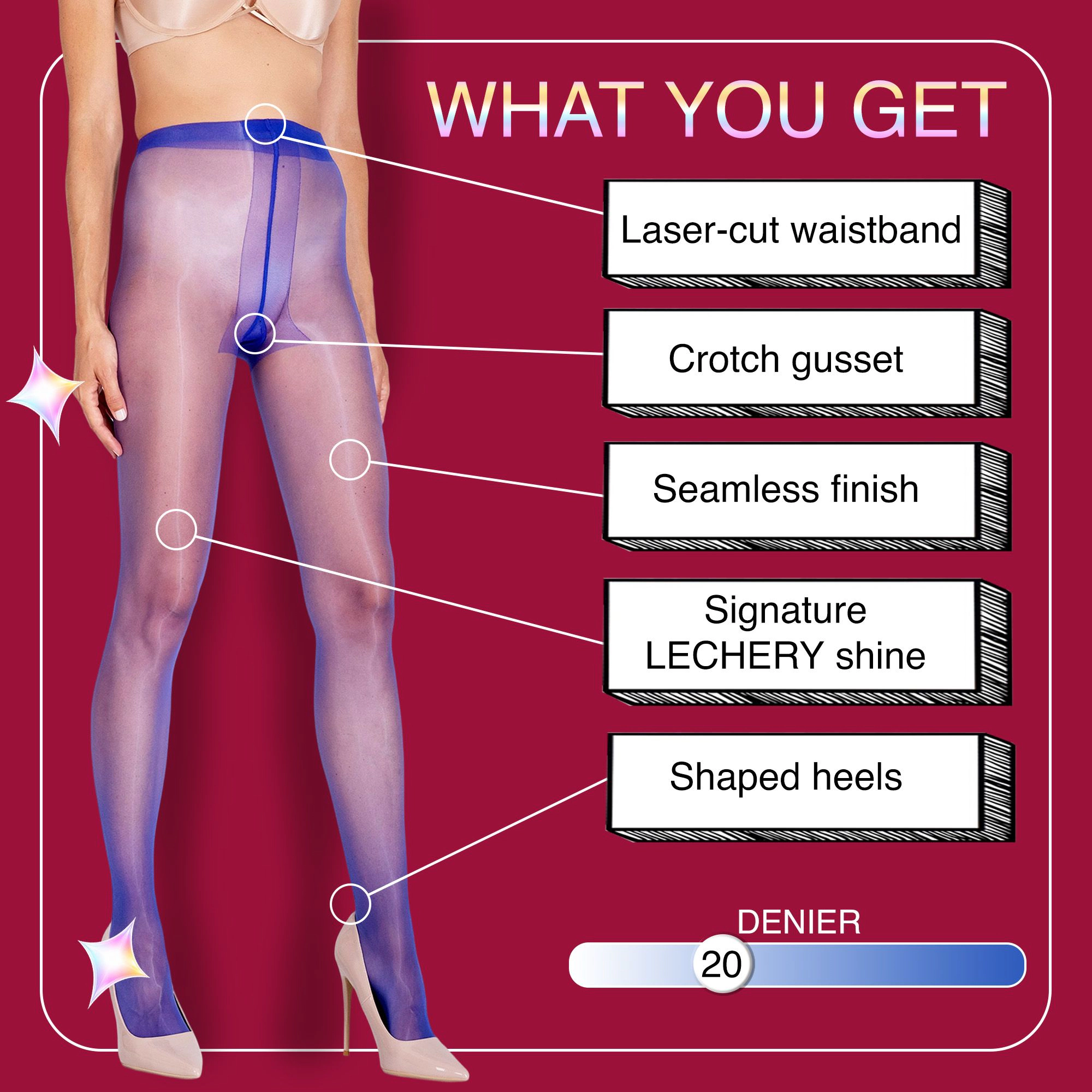 LECHERY Women's Sheer Tights Lustrous Silky Shiny 20 Denier High Waist Stocking Panty Hose Nylons