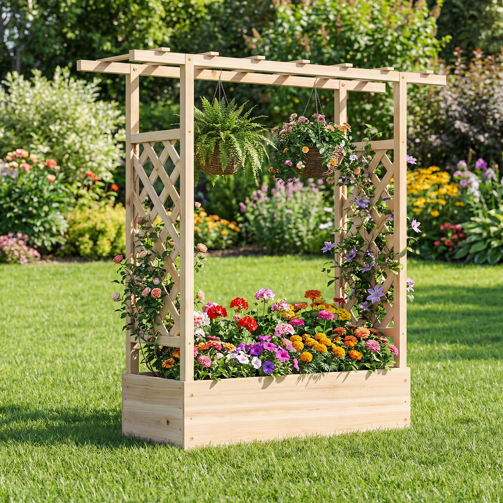LJG 45 Inch Tall Wooden Raised Garden Bed with Side Trellis and Hanging Roof