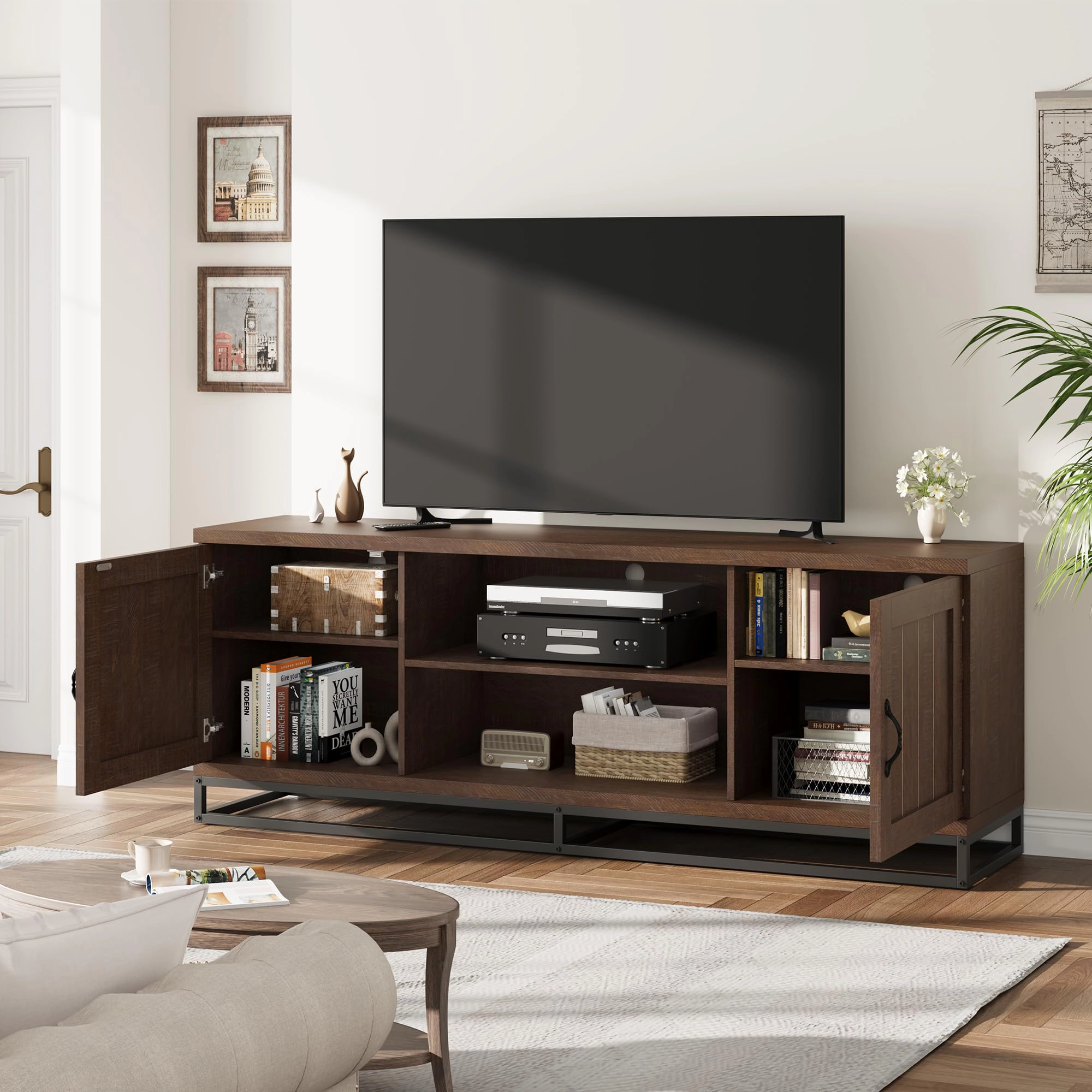 BebreezChic Farmhouse TV Stand for 75inch, Grey Entertainment Center with Sturdy Metal Leg & Adjustable Shelves