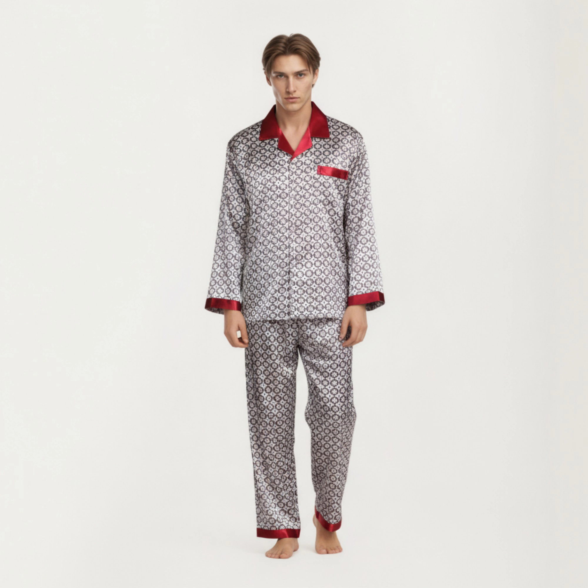 Anna-Kaci Men's 2-Piece Satin Pajamas with Geometric Print Contrast Collar and Button Up Top