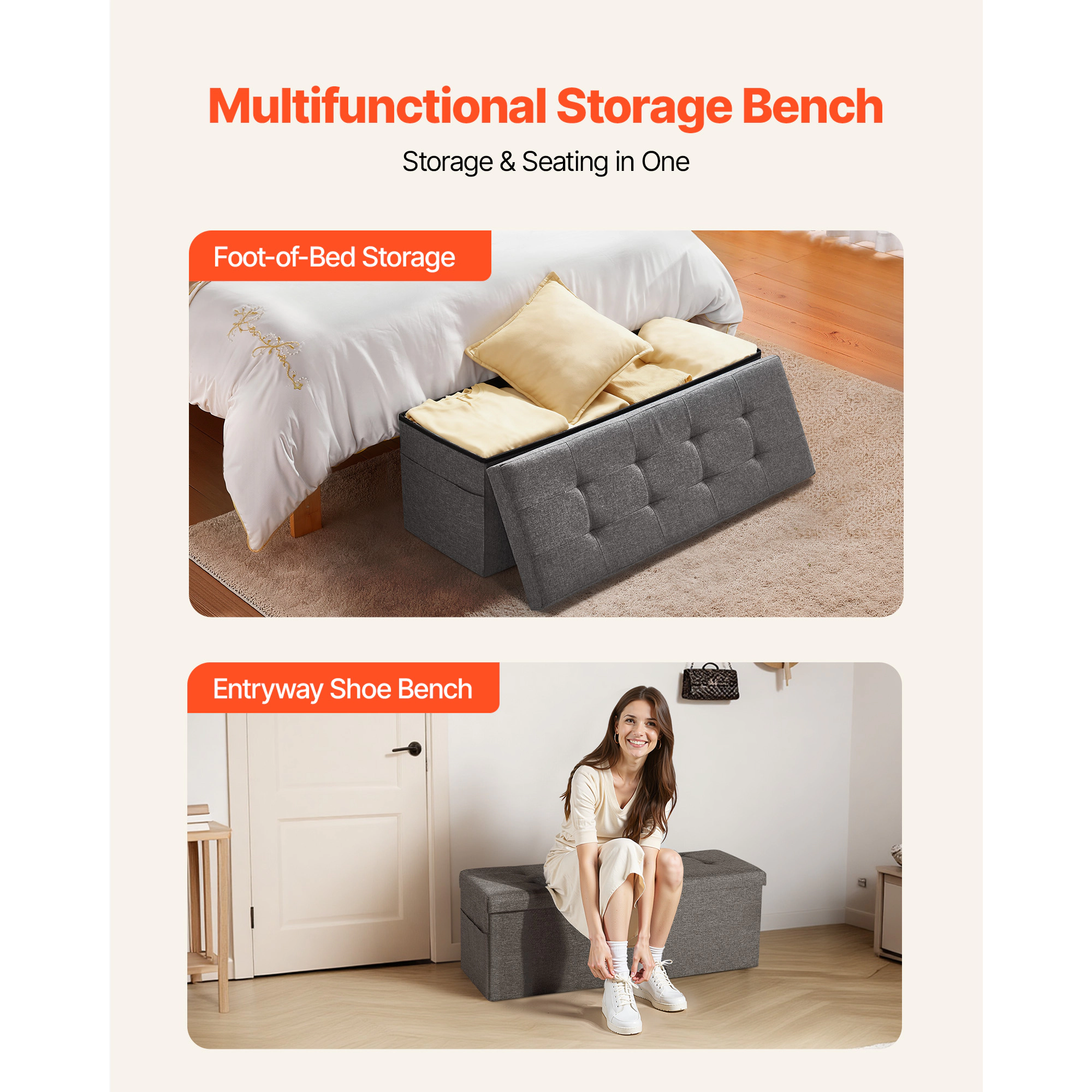 HONGGE Foldable Storage Ottoman Bench End of Bed Bench with Side Bags Folding Upholstered Storage Chest Supports 660