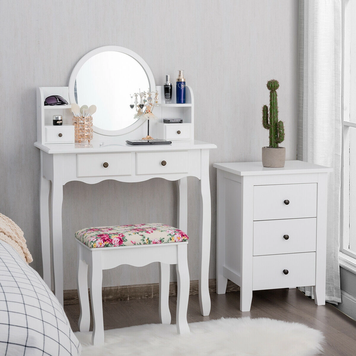 SUGIFT 4-Drawer Makeup Vanity Table Set Girls Dressing Table Oval 14.5-in Mirror 286-lb Dresser 242-lb Stool Capacity