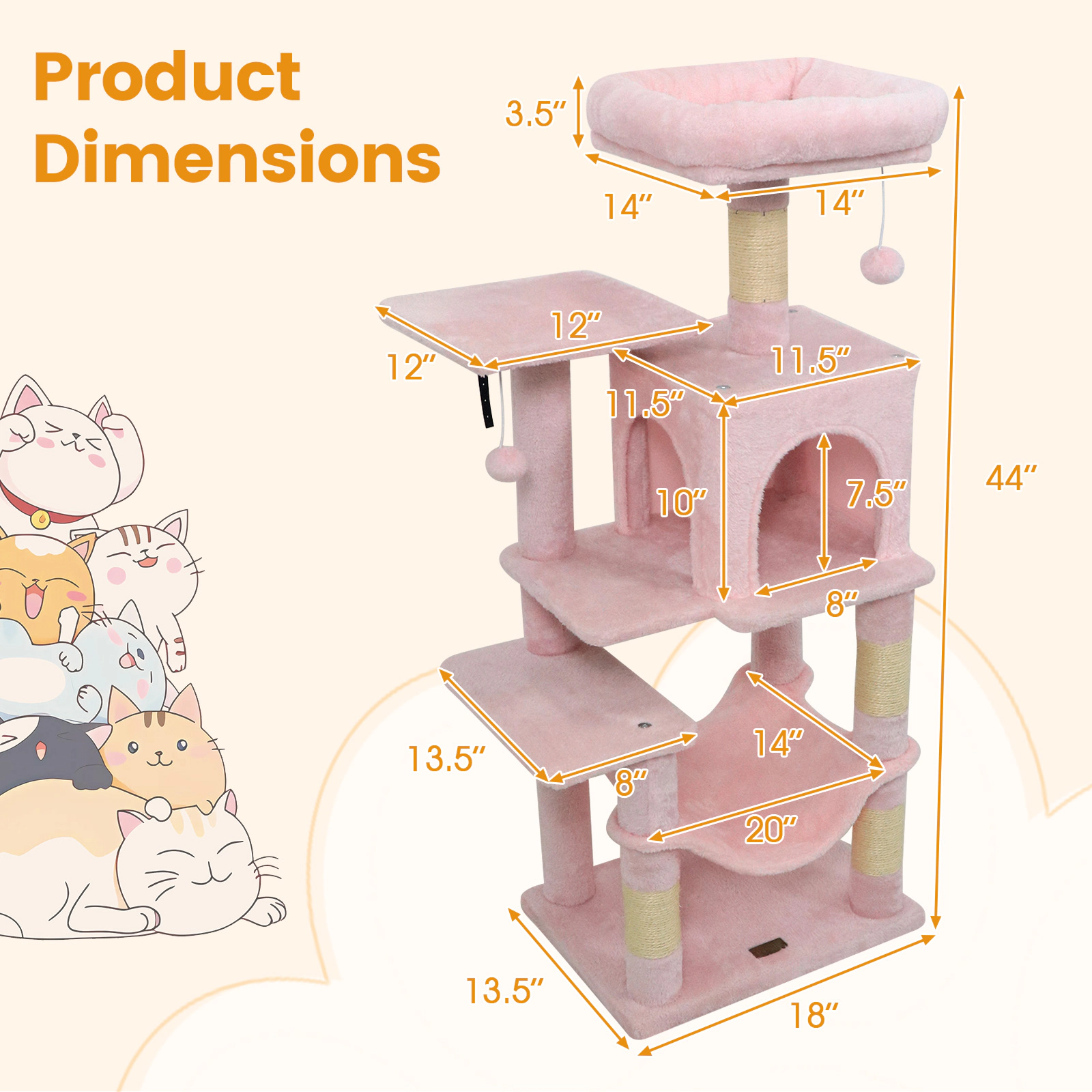 SUGIFT 44-in Pink Cat Tree Tower with 2-Door Condo Padded Top Perch Plush Hammock and Sisal Posts