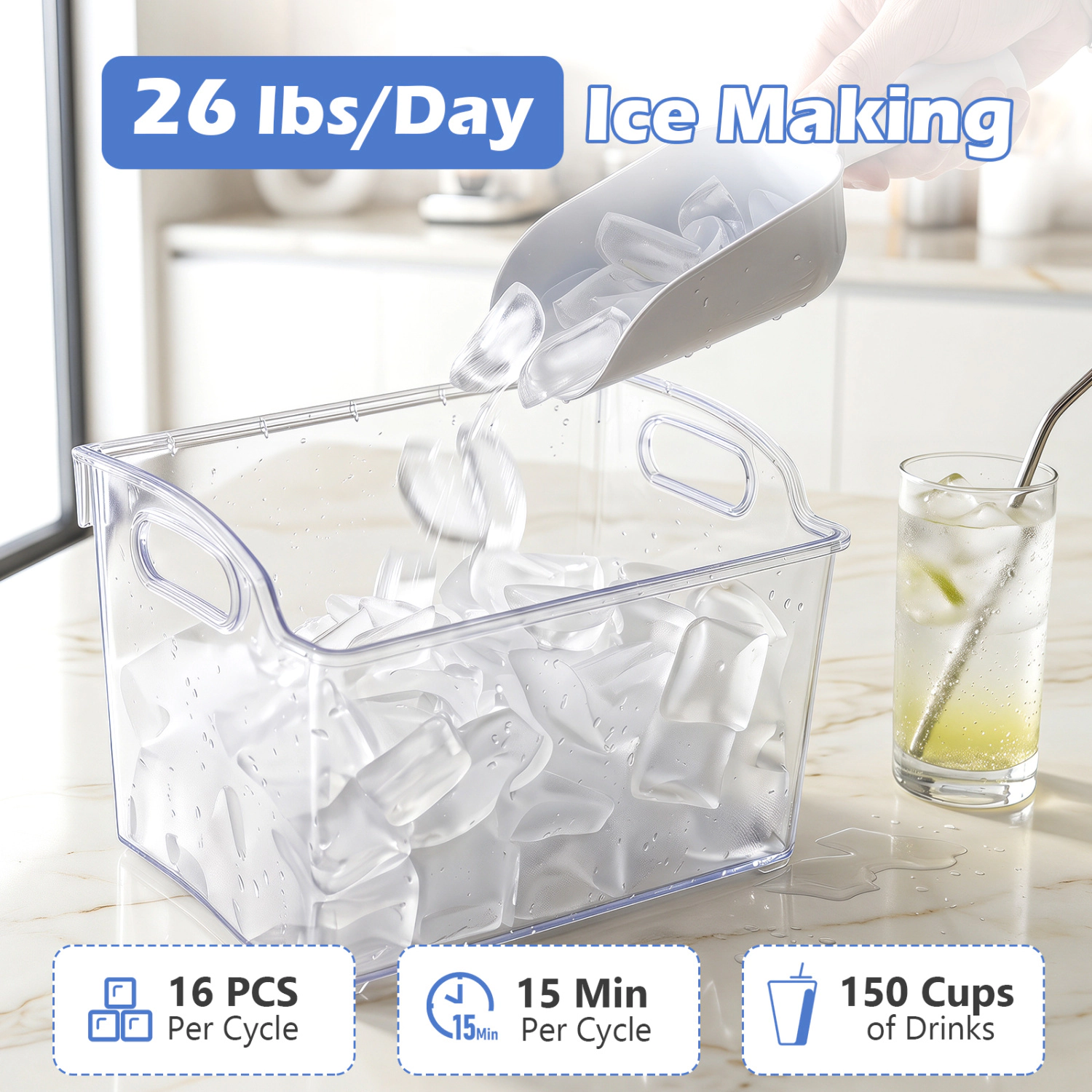 LJG Crescent Ice Maker Countertop 26 Lbs/24H Ice Machine with 16 Crescent Cubes