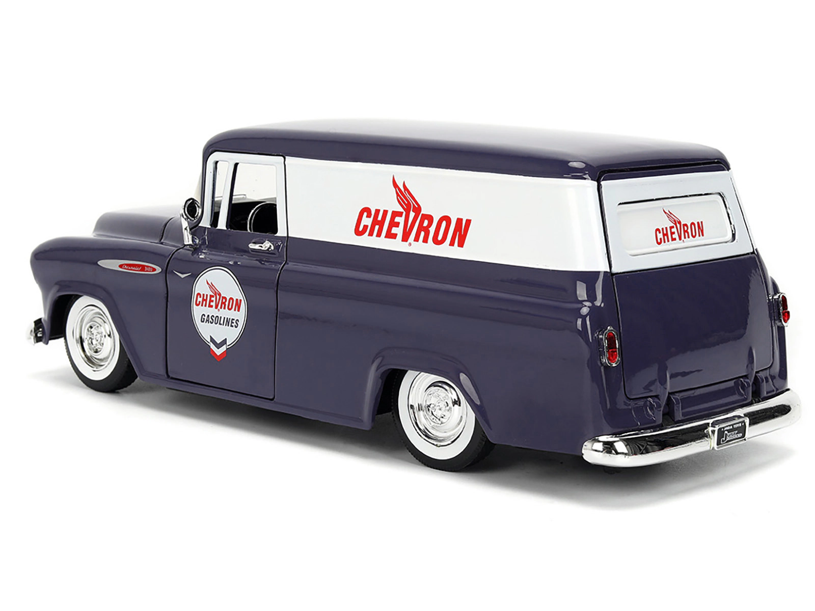 Jada Collectible 1957 Chevrolet Suburban "Chevron" Dark Blue With White Stripes And Gas Pump "Just Trucks" Series