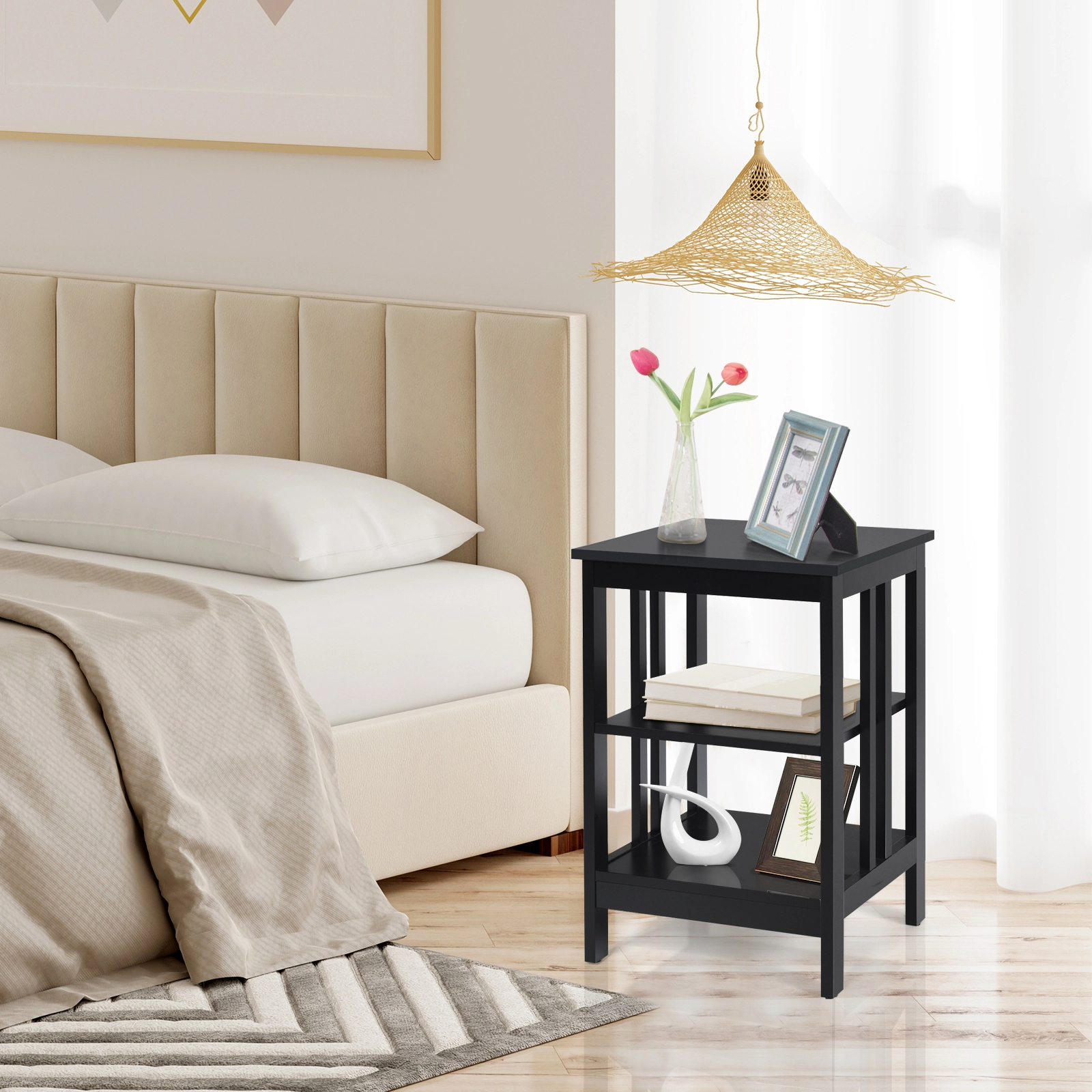 SUGIFT 16 in Nightstand Black 3-Tier Side Table with Baffles and Rounded Corners