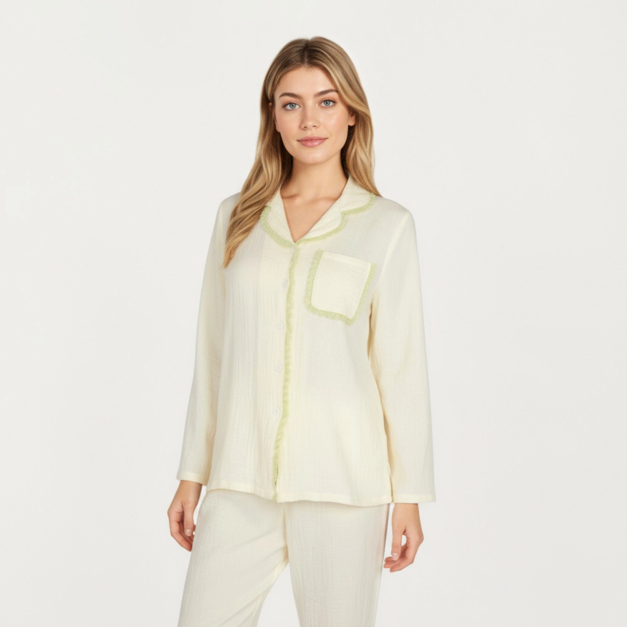 Anna-Kaci Women's 2-Piece Long Sleeve Button Front Pajama Top with Lace Trim Collar and Relaxed Fit Pants