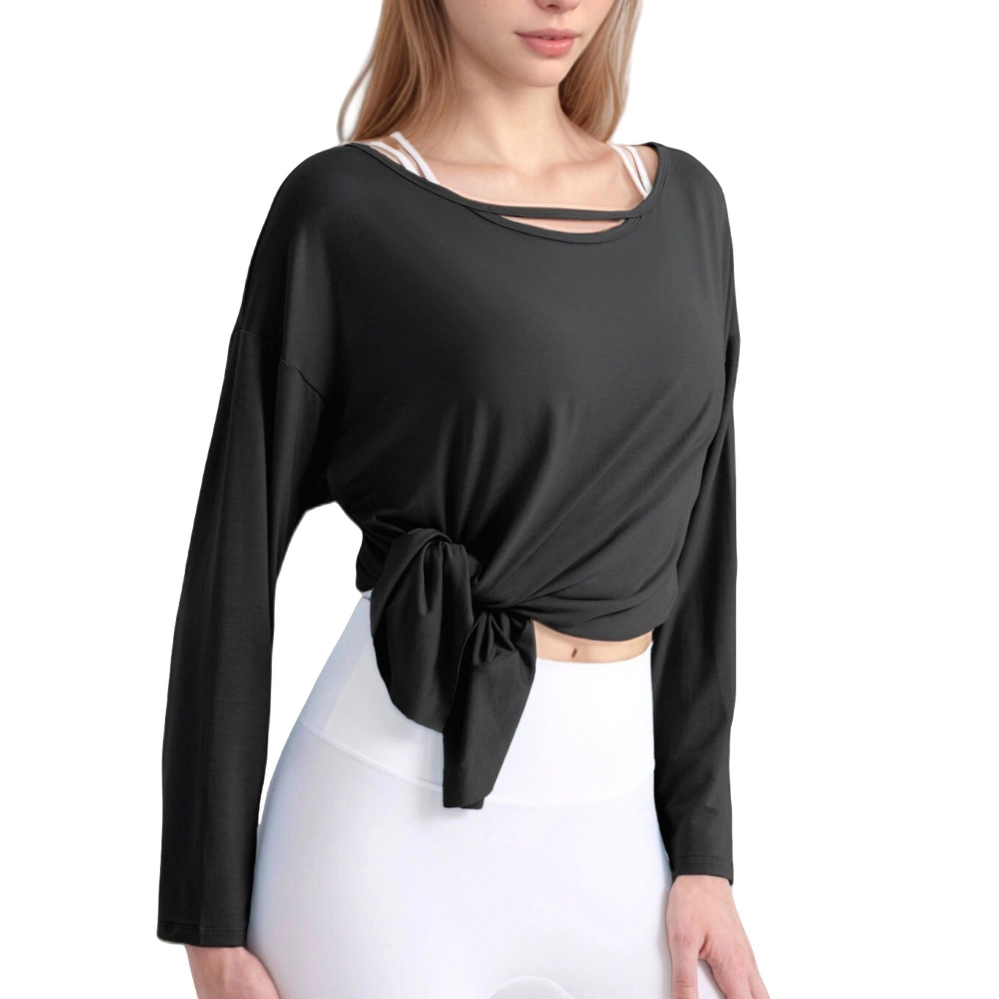 Anna-Kaci Women's Long Sleeve Pullover Top with Cutout Scoop Neck and Side Slit Hem