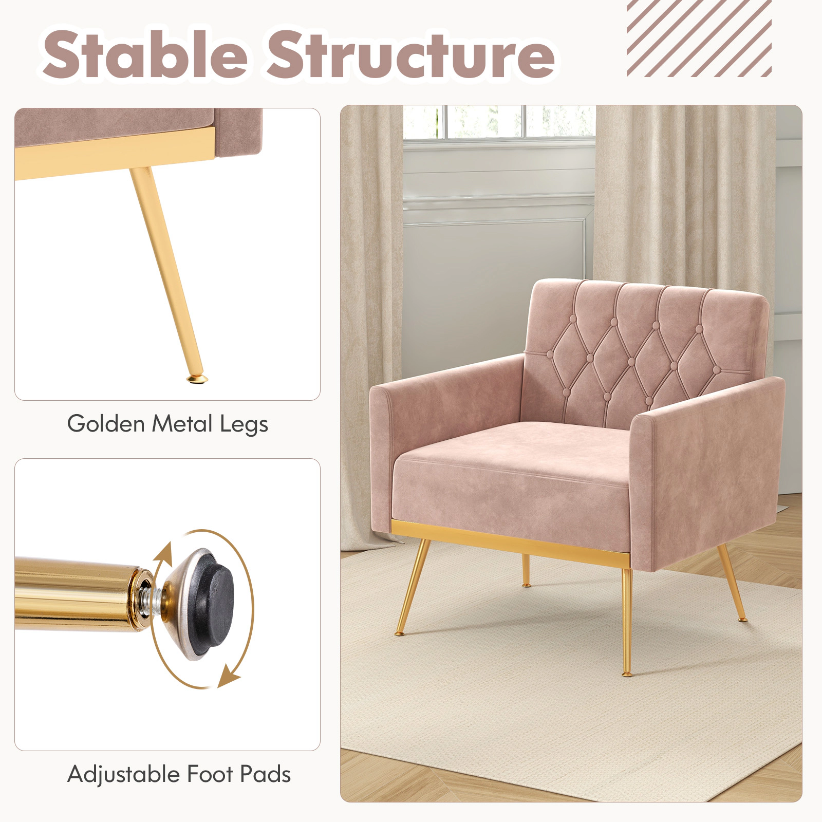 Hivvago Velvet Armchair with Tufted Backrest, Gold-Finished Legs