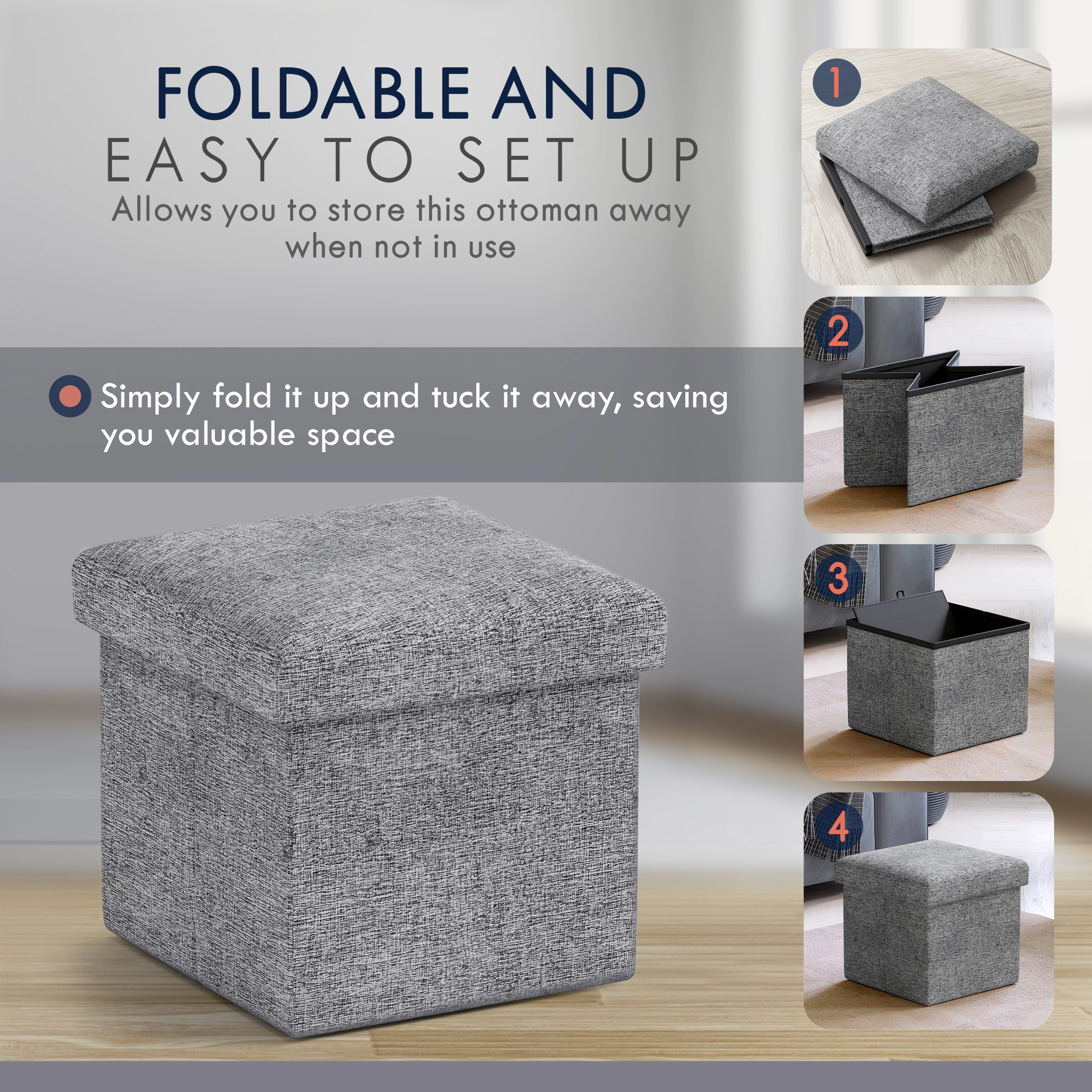 Ornavo Home Collapsible Small 12" Inch Square Storage Ottoman