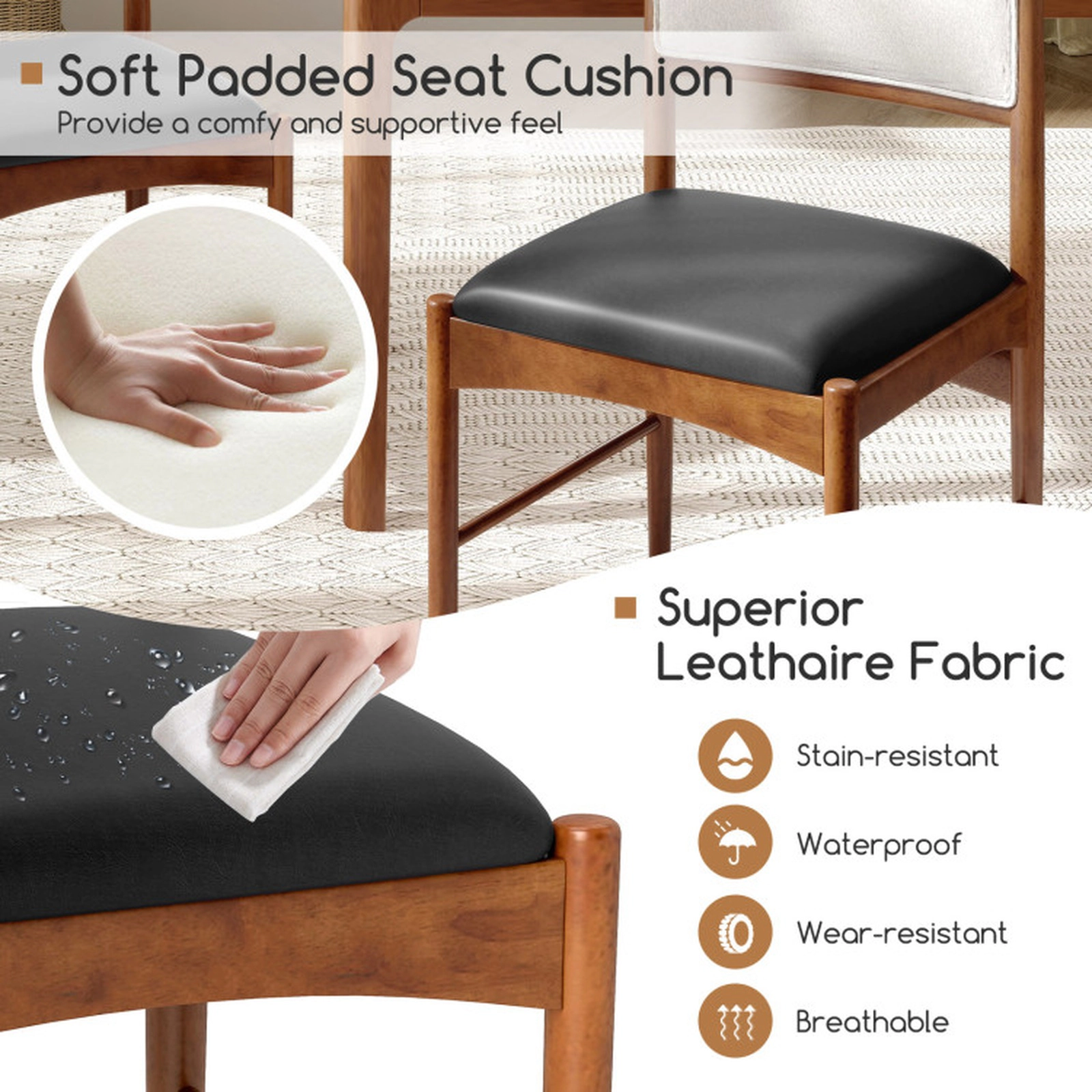 SUGIFT Walnut Wooden Rubber Wood Frame Faux Sherpa Backrest Set of 2 Dining Chairs