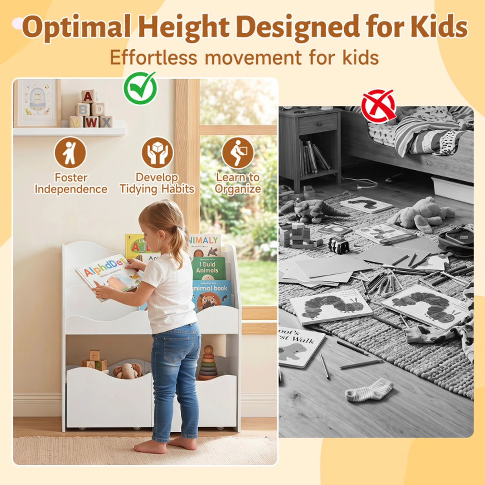 SUGIFT Kids 3-Tier Bookshelf 2 Rolling Drawers Toy Storage Organizer 32.5-in x 12-in x 30-in 33-lb Capacity White