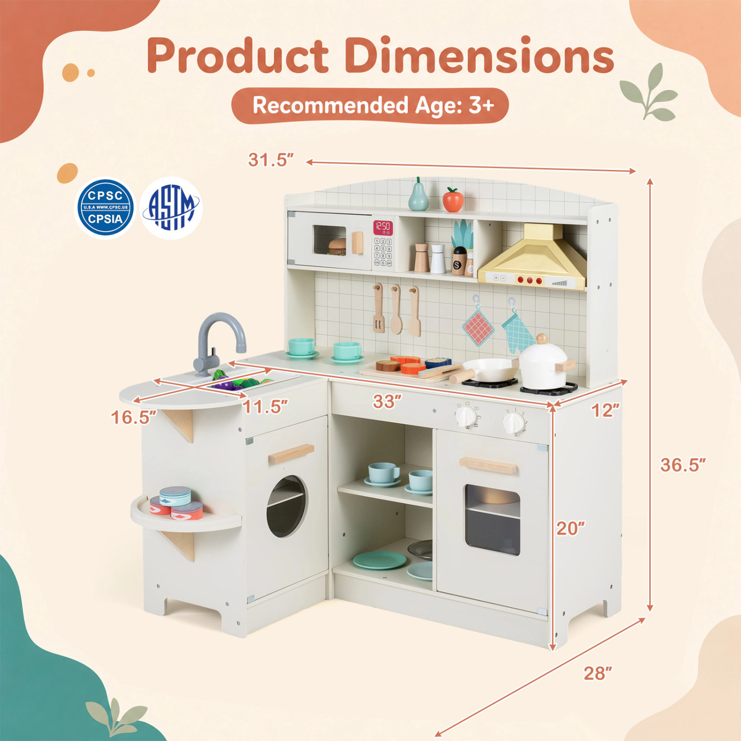 LJG Kids Wooden Play Kitchen with Lights & Sounds and Stove Microwave Sink for Ages 3+