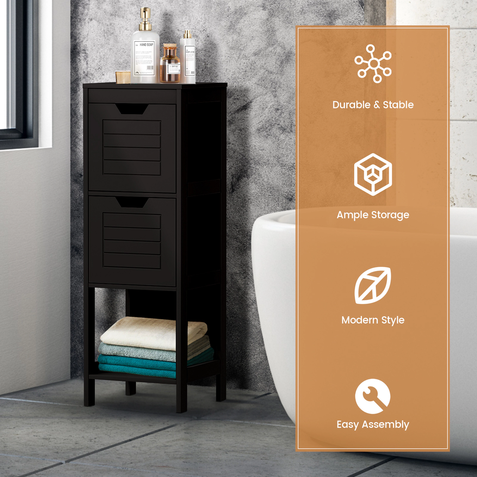 Slickblue Black Storage Organizer Cabinet with 2 Drawers and Open Display Shelf