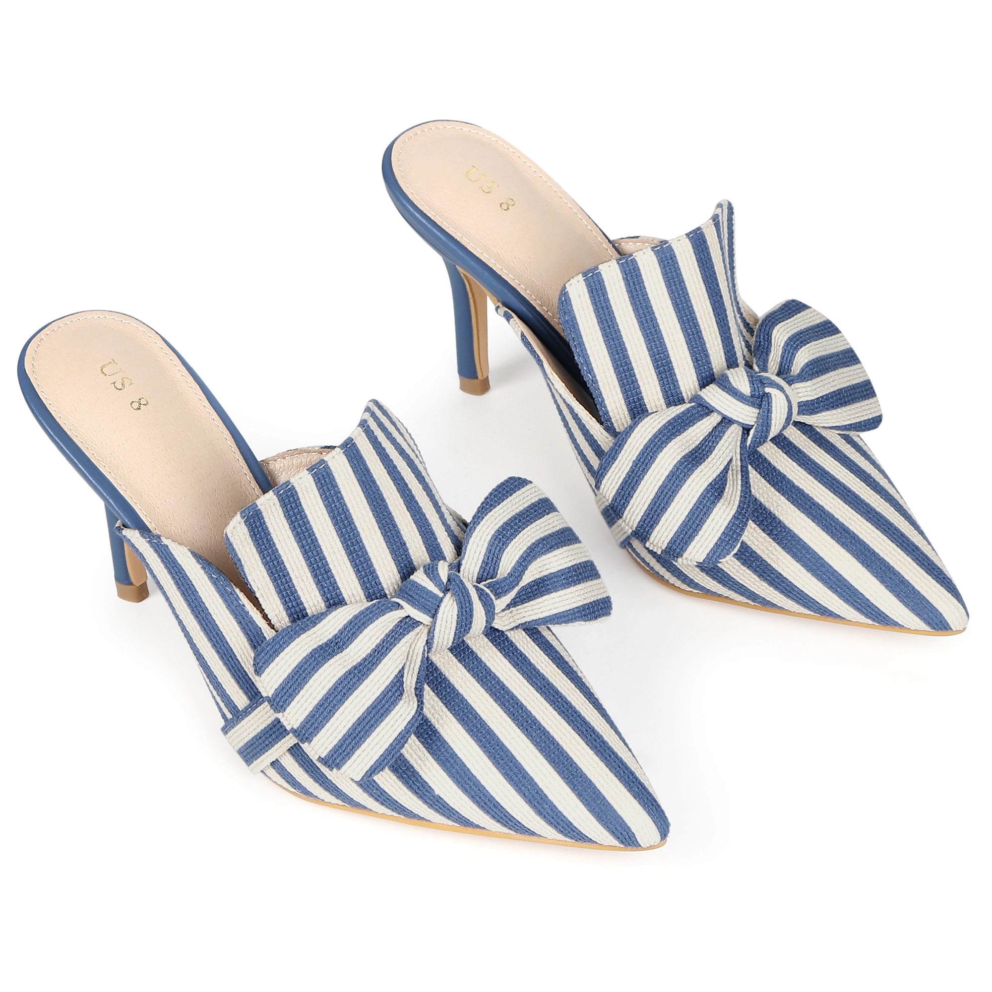 BLISSFUL STEP Women's Bow Stripe Pointed Toe Slip-on Heel Pumps Slides Mules