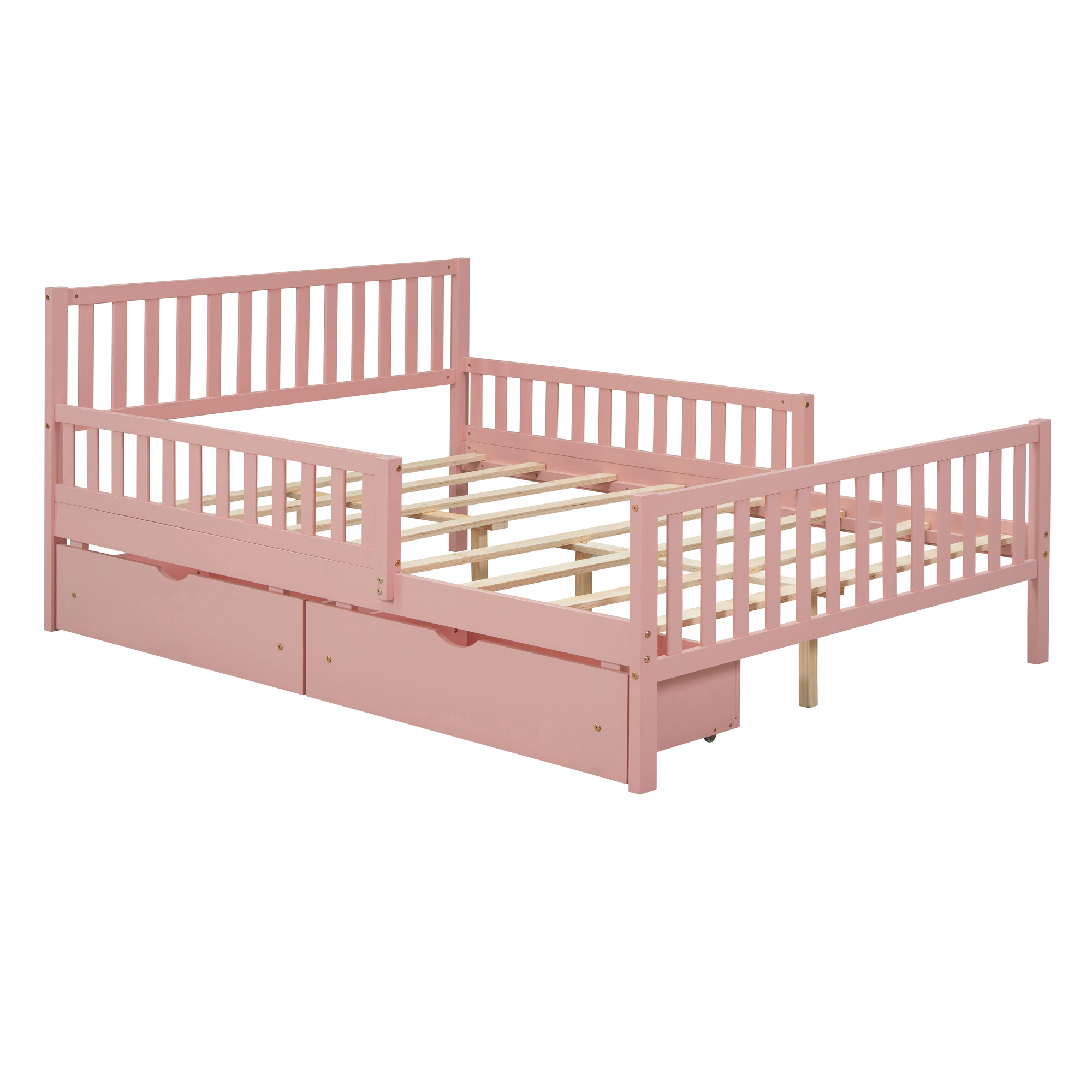 Flynama Full Wood Platform Bed with Guardrails & 2 Storage Drawers, Pink