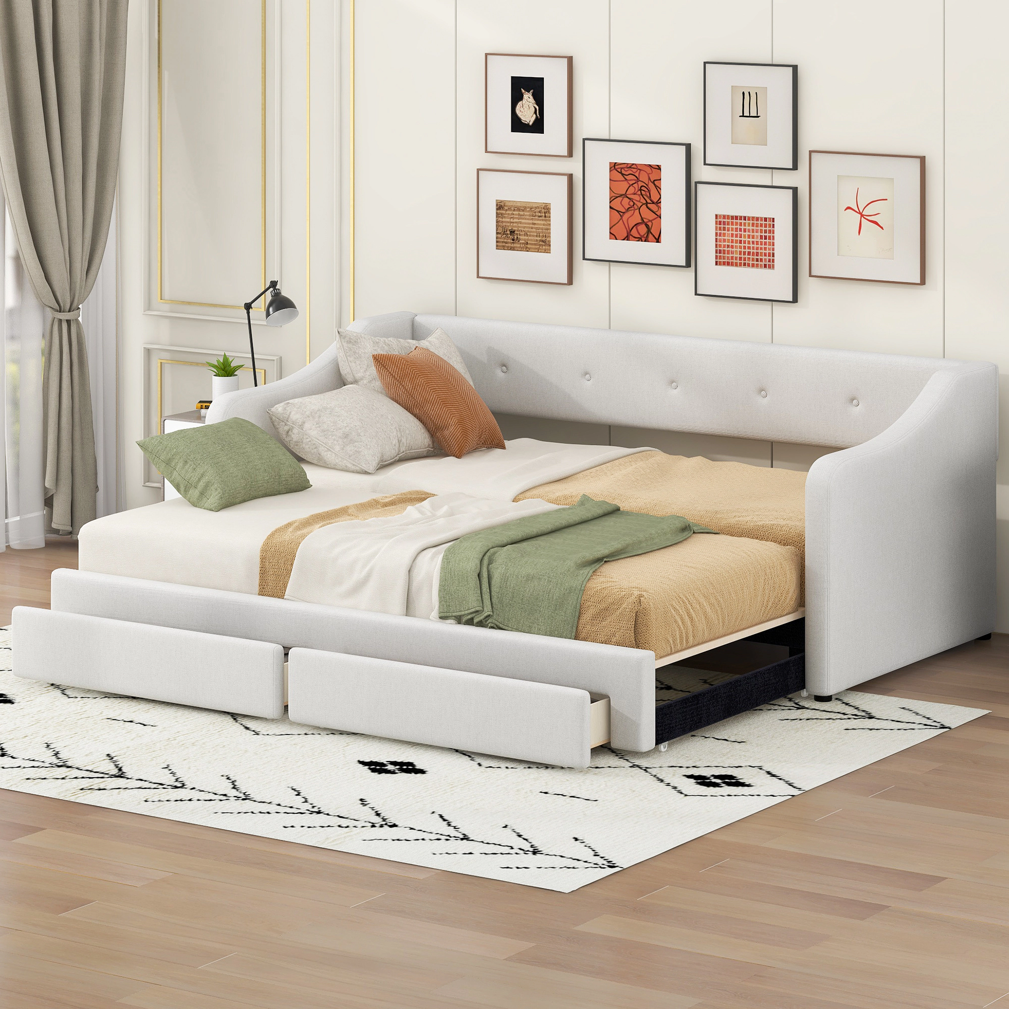 Flynama Twin XL–King Upholstered Daybed with Two Drawers, Beige