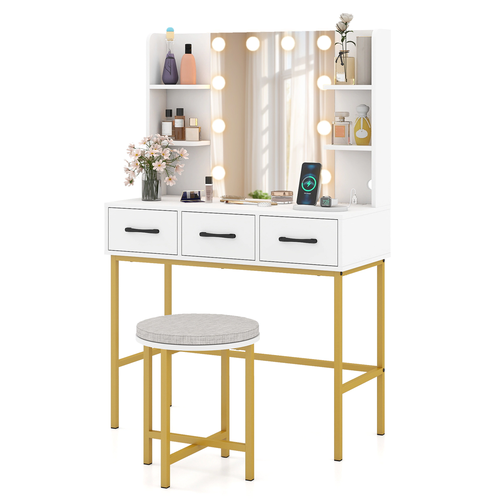 SUGIFT White 3-Color Lighted Mirror and Charging Station Vanity Desk and Cushioned Stool Set
