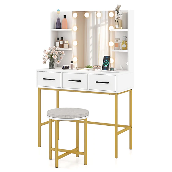 SUGIFT 3-Color Vanity Table and Stool Set with Lighted Mirror and ...