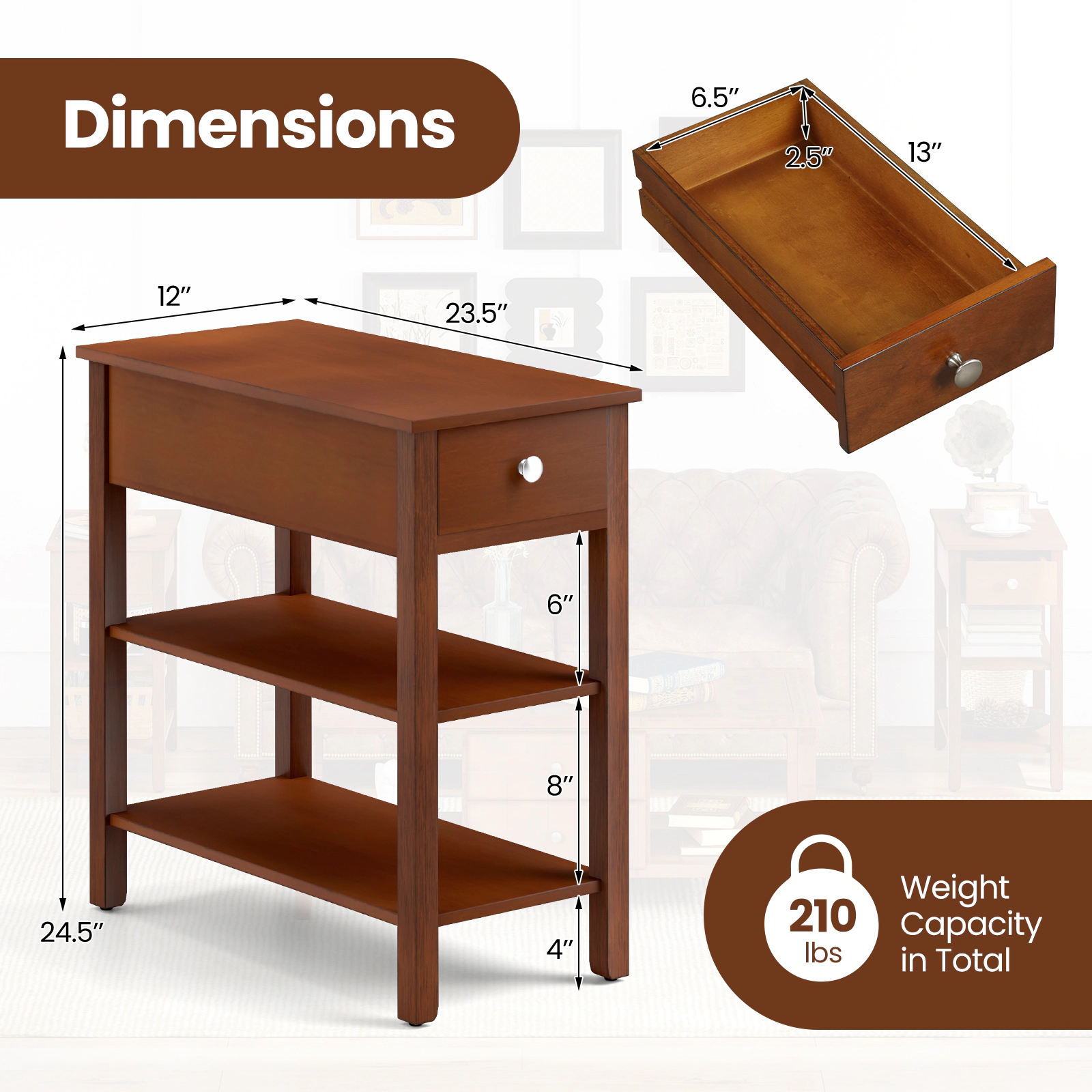 SUGIFT 3-Tier Narrow End Tables with Drawer and Storage Shelves Set of 2 210-lb Total Capacity Brown/Walnut