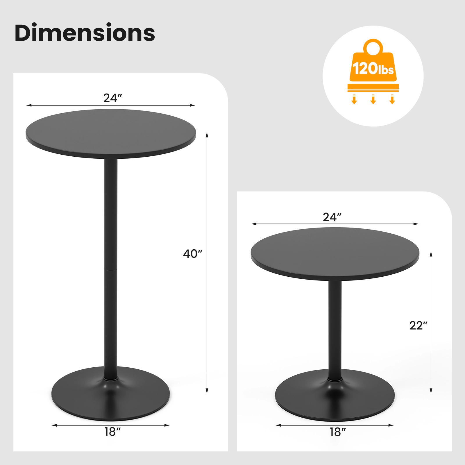 SUGIFT 24-in Round Modern Cocktail Bistro Table with Metal Base and MDF Top 265-Lb Capacity 40-in Tall Set of 2 Black