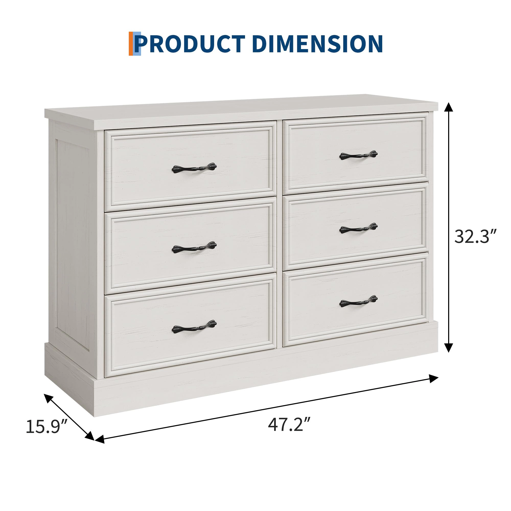6 Drawer Wooden Dresser, 47" Wide Chest with Large Storage Drawers for Bedroom or Living Room