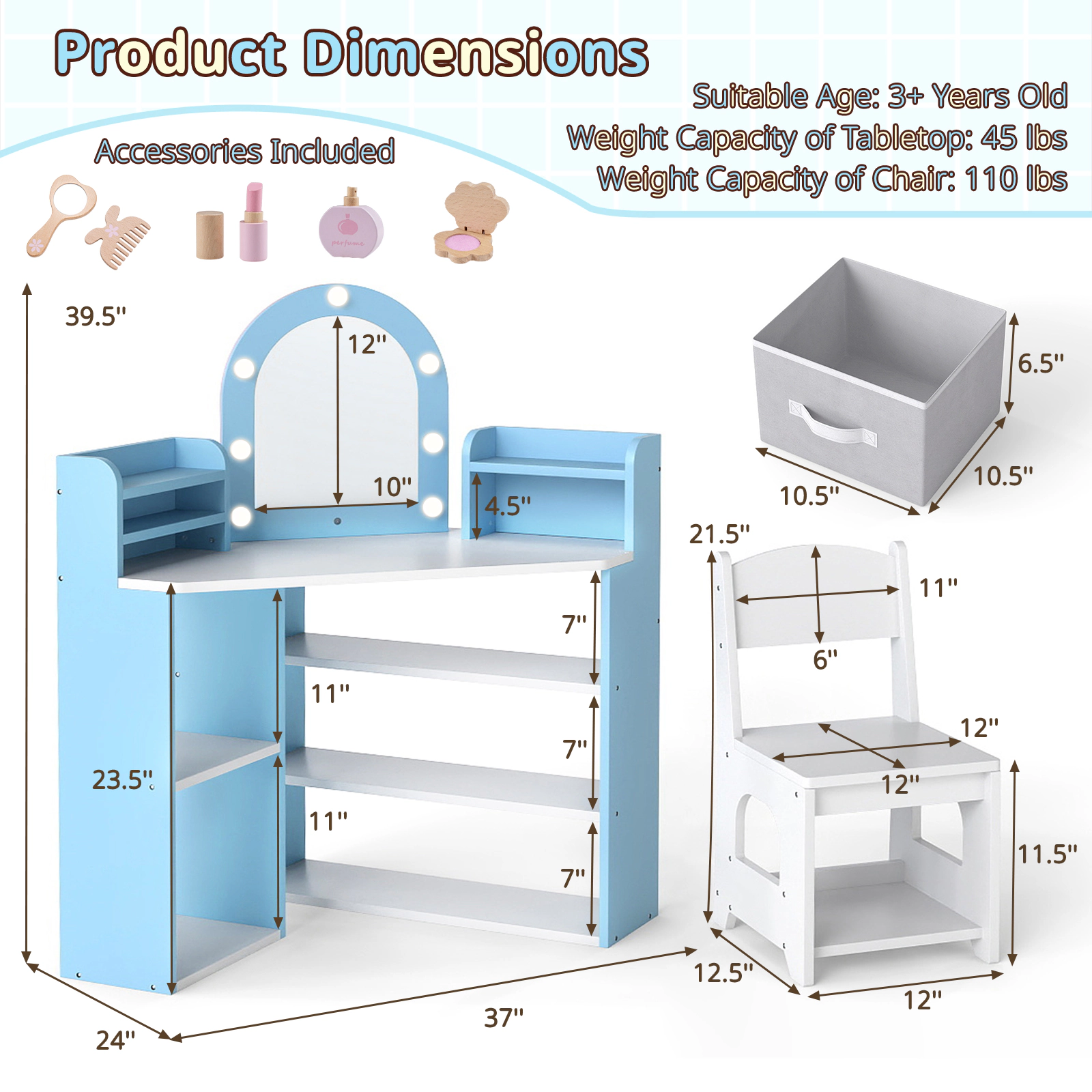 SUGIFT 2-Piece Corner Kids Vanity Set with Lighted Mirror, Fabric Drawer and Chair