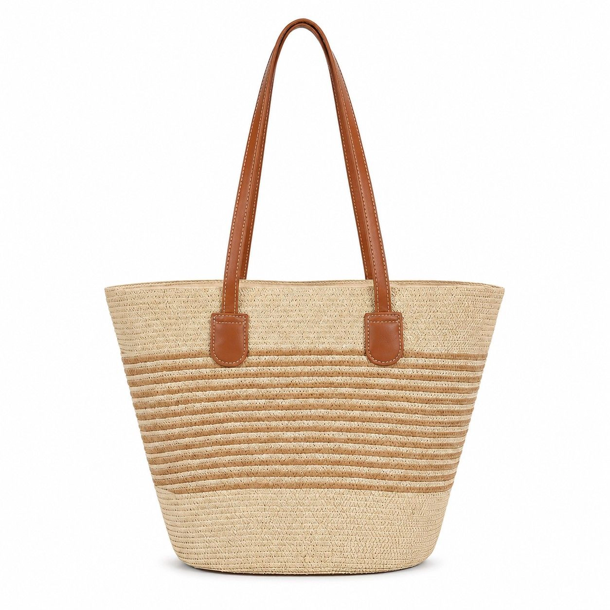 Alilang Women's Striped Woven Straw Tote Bag Large Capacity Zip Top Shoulder Carryall Handbag, Beige