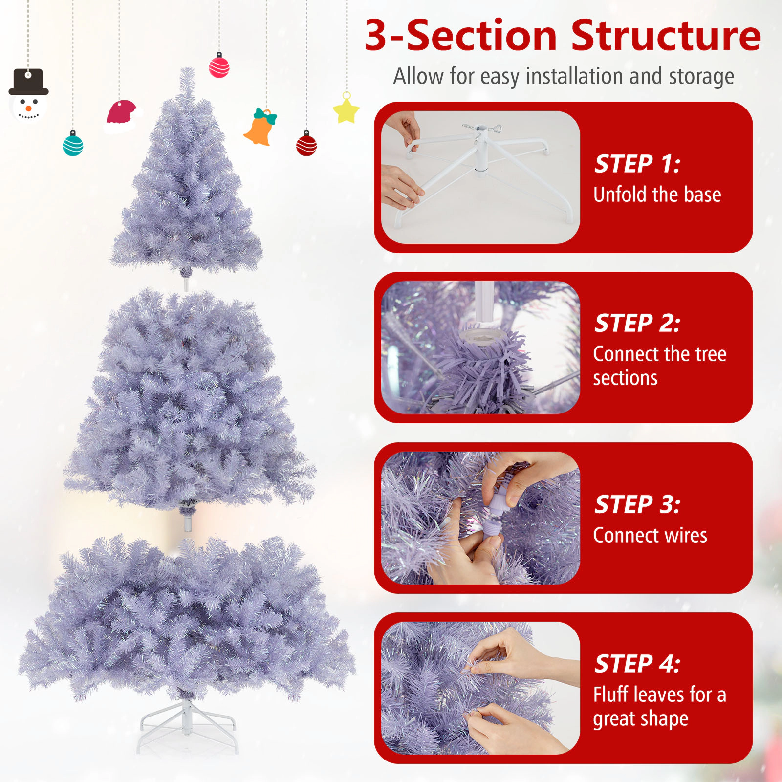 SUGIFT Pre-Lit Tinsel Artificial Christmas Tree 6-ft 688 Tips & 250 LED Lights Deep Purple/Fruit Green/Pink/Lavender