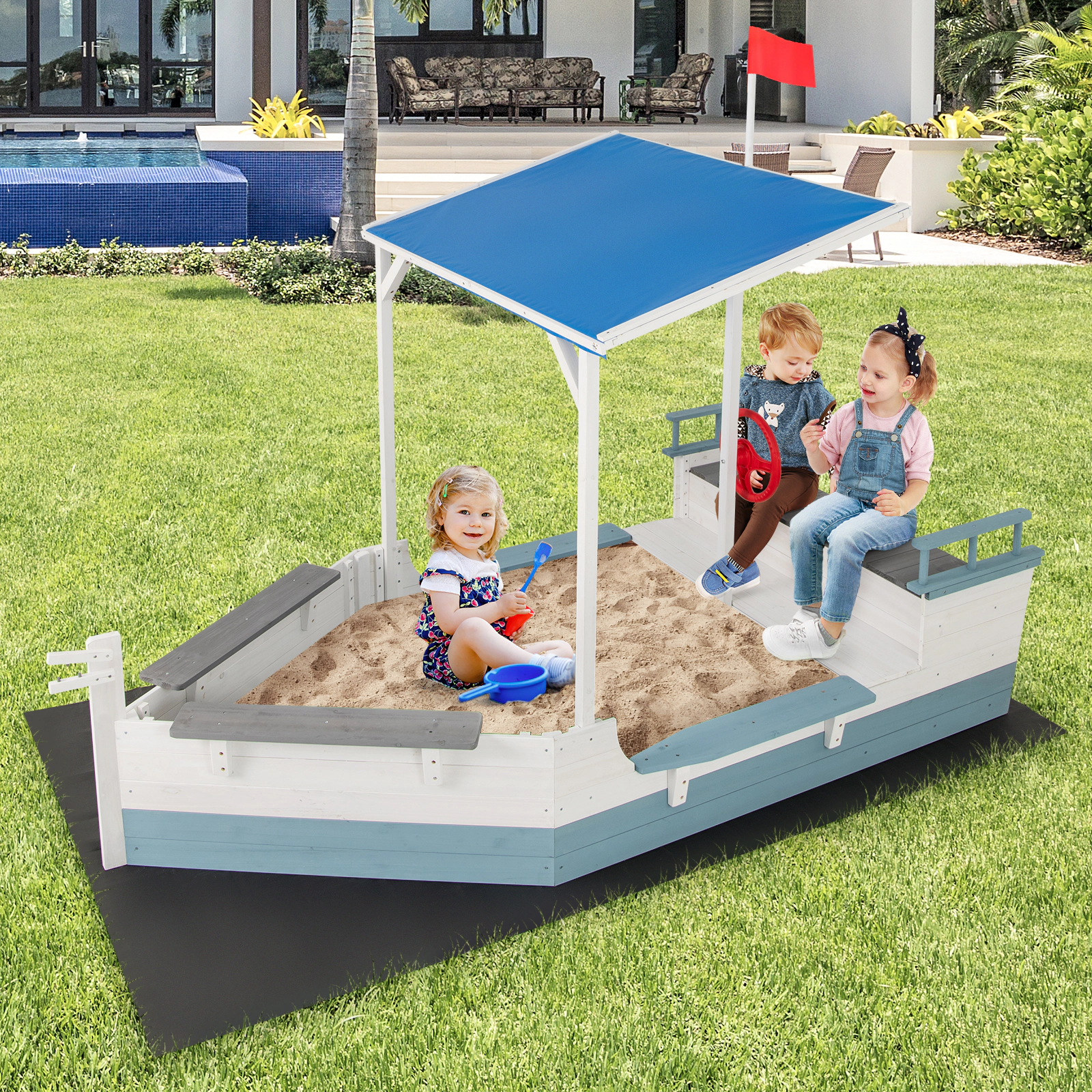 LJG Kids Pirate Ship Sandbox with Canopy with Bench Seats and Bottom Liner